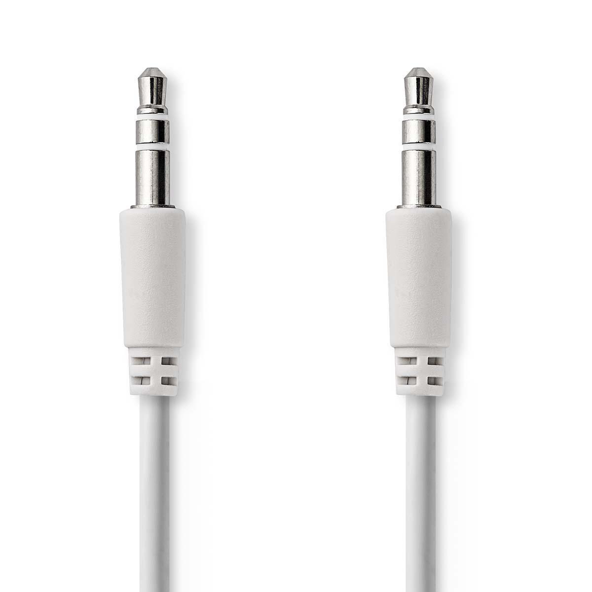 Deux connecteurs jack audio 3,5 mm blancs. Les câbles sont blancs, sur fond blanc.