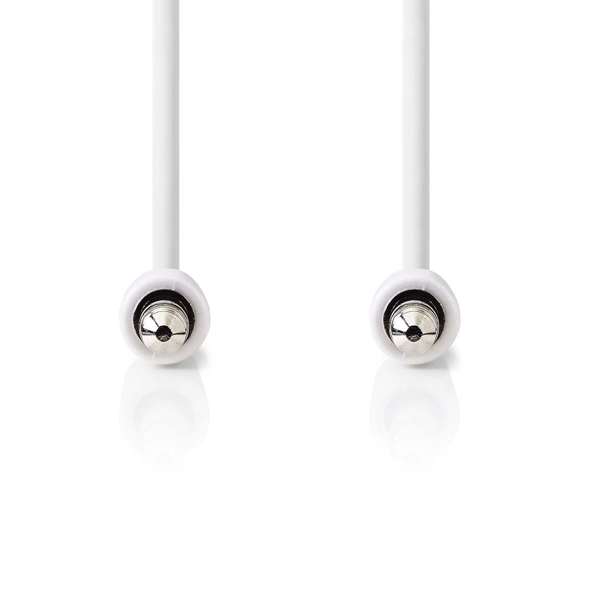 Câble coaxial blanc avec connecteurs, montrant les extrémités.