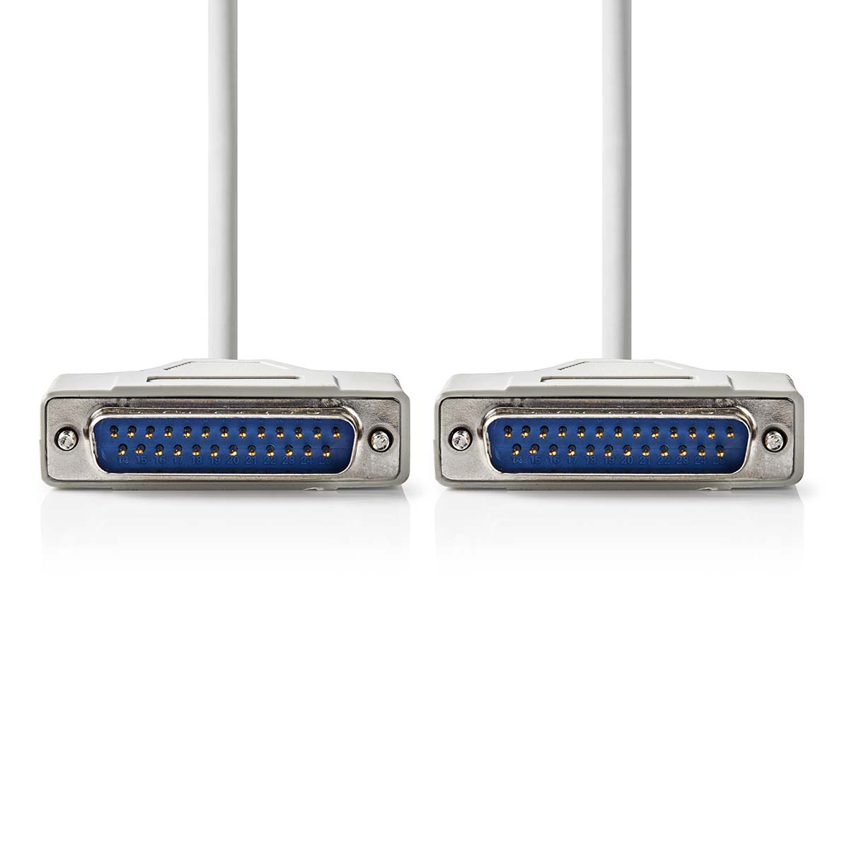 Due cavi paralleli grigi per stampanti con connettori blu su sfondo bianco.