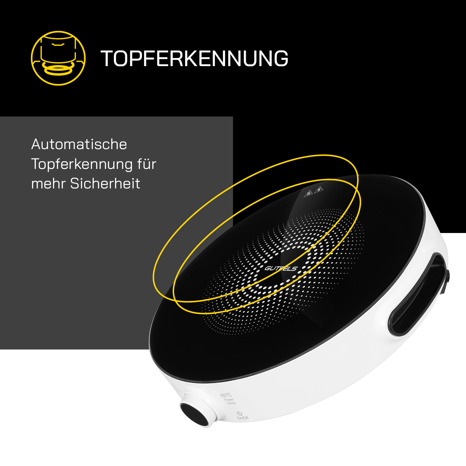 Ein Induktionskochfeld mit Kochzonenanzeige und weißem Gehäuse.