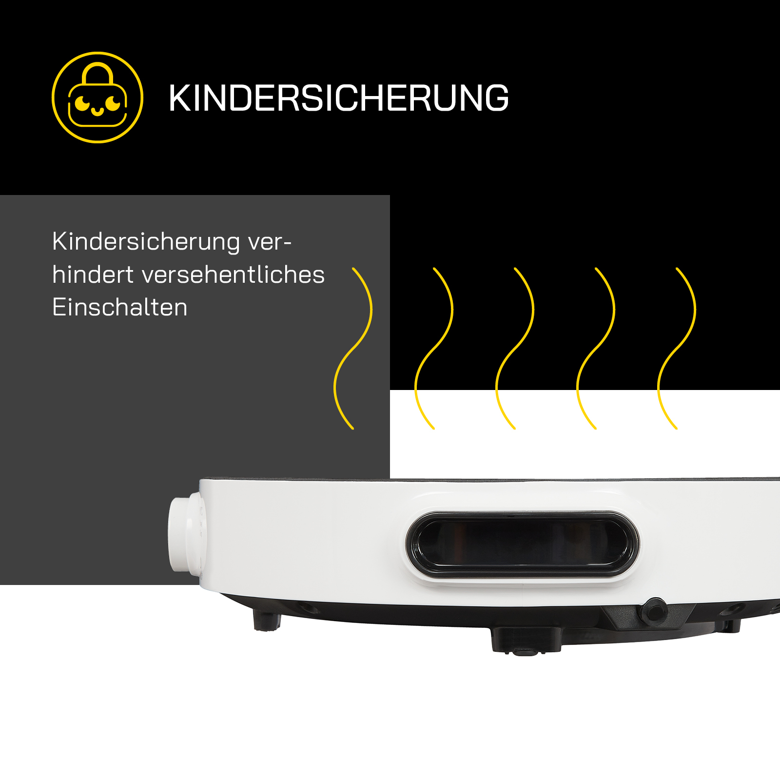 Weißes Gerät mit schwarzem Panel und gelben geschwungenen Linien. Text: Kindersicherung verhindert versehentliches Einschalten.