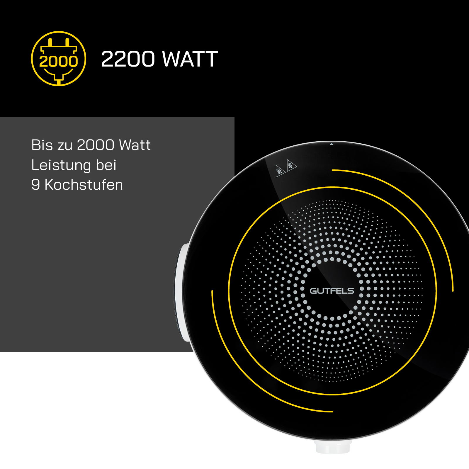 Schwarzes Induktionskochfeld mit leuchtendem gelben Ring und Text, der 2200 Watt Leistung angibt.