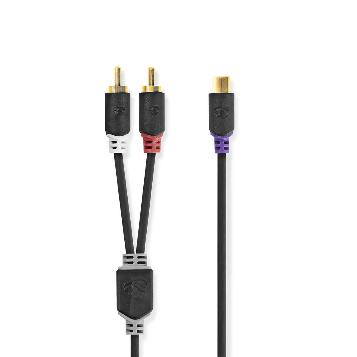 A black cable with a 3-way connector and two RCA connectors (white, red) and a HDMI connector.