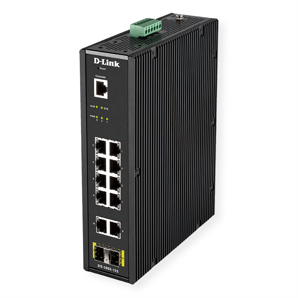 Zwarte D-Link netwerk switch met poorten, consolepoort en labels.