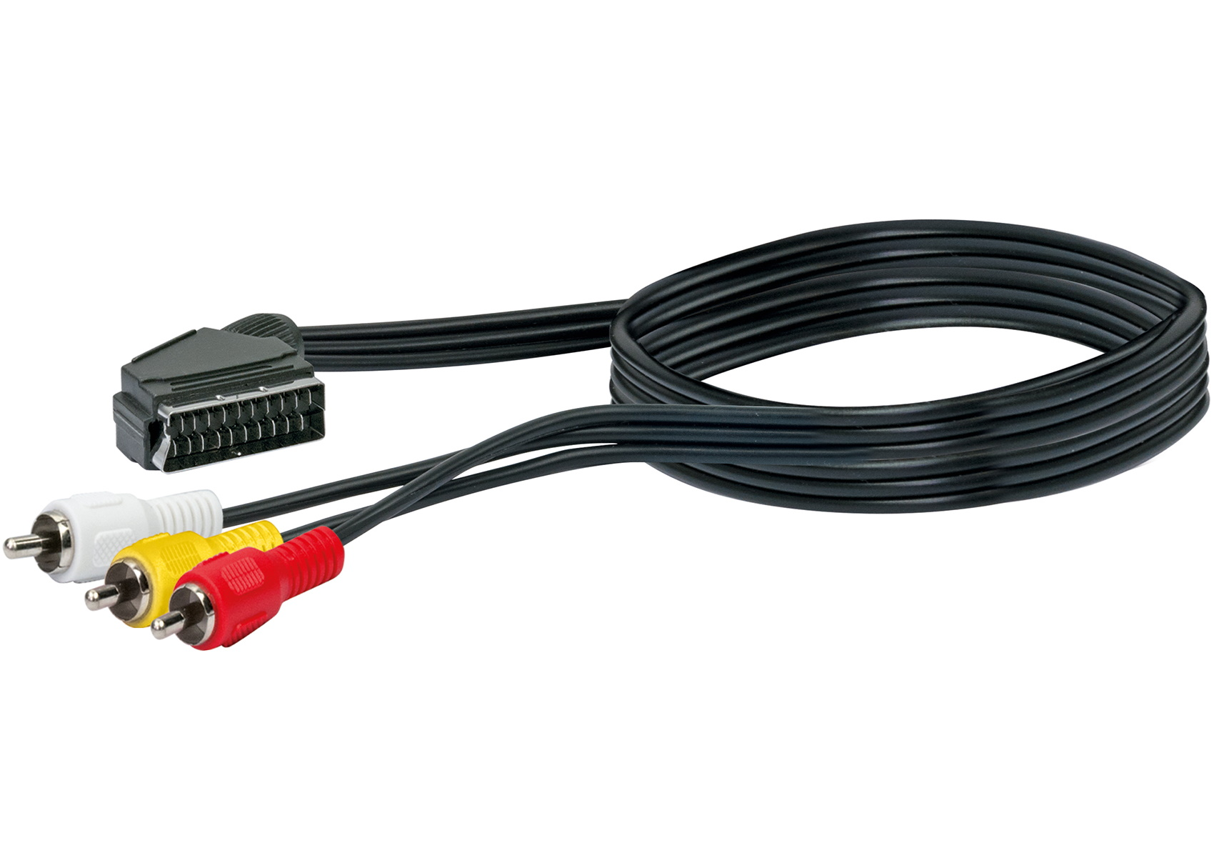 SCART-zu-Cinch-Kabel mit schwarzem Kabel und Steckern. Isoliert auf weißem Hintergrund. Weiß, gelb, rot.