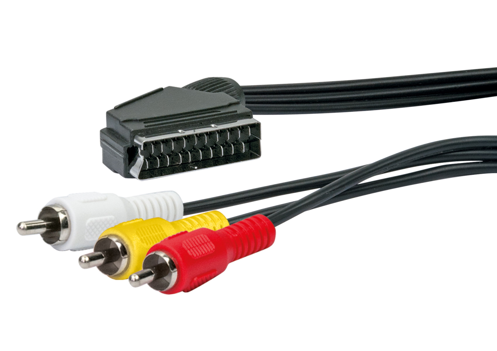 SCART-Kabel mit drei Cinch-Anschlüssen (weiß, gelb, rot). Schwarzes Kabel und Stecker.