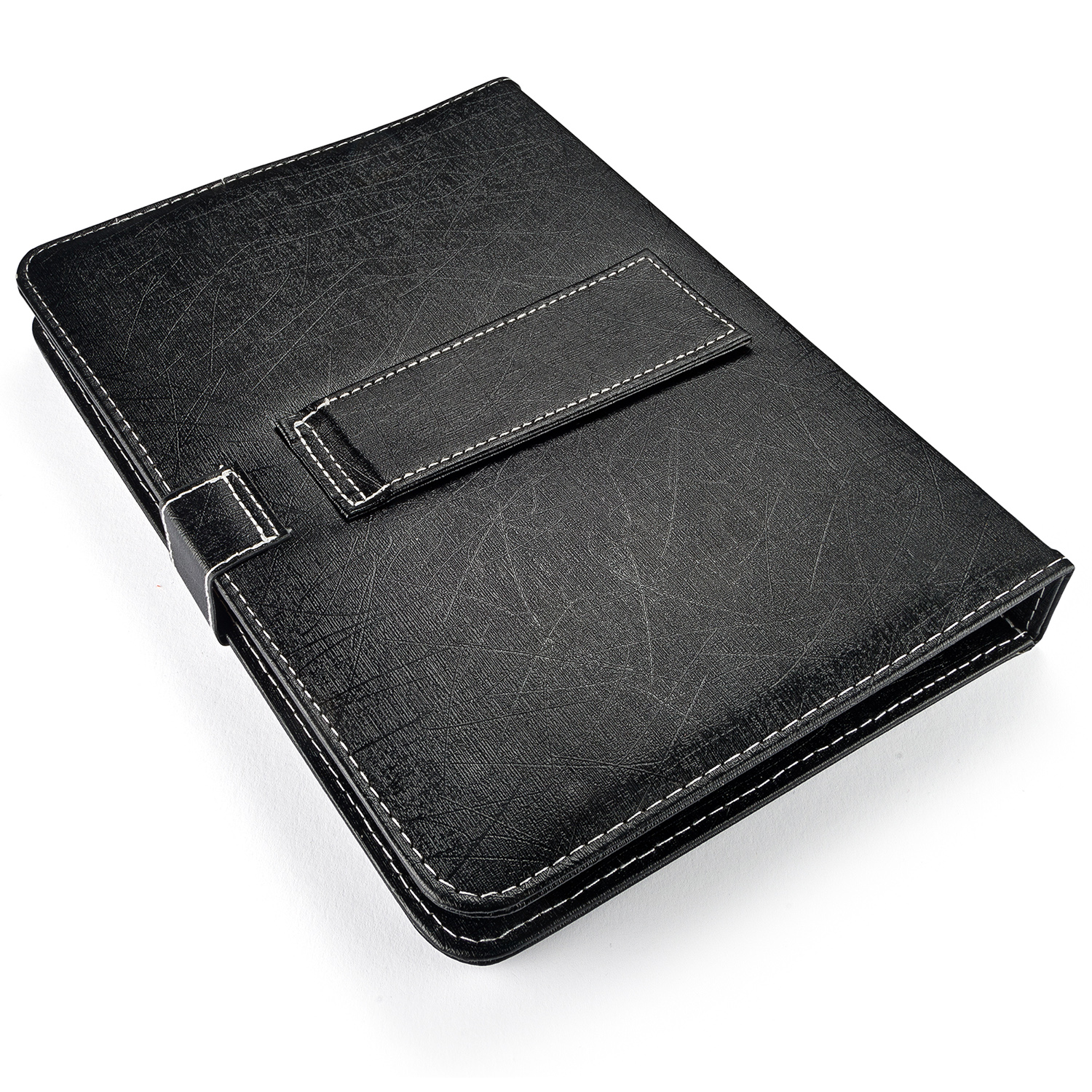 Schwarzes Leder-Folio-Etui mit weißem Nahtrand auf weißer Oberfläche.