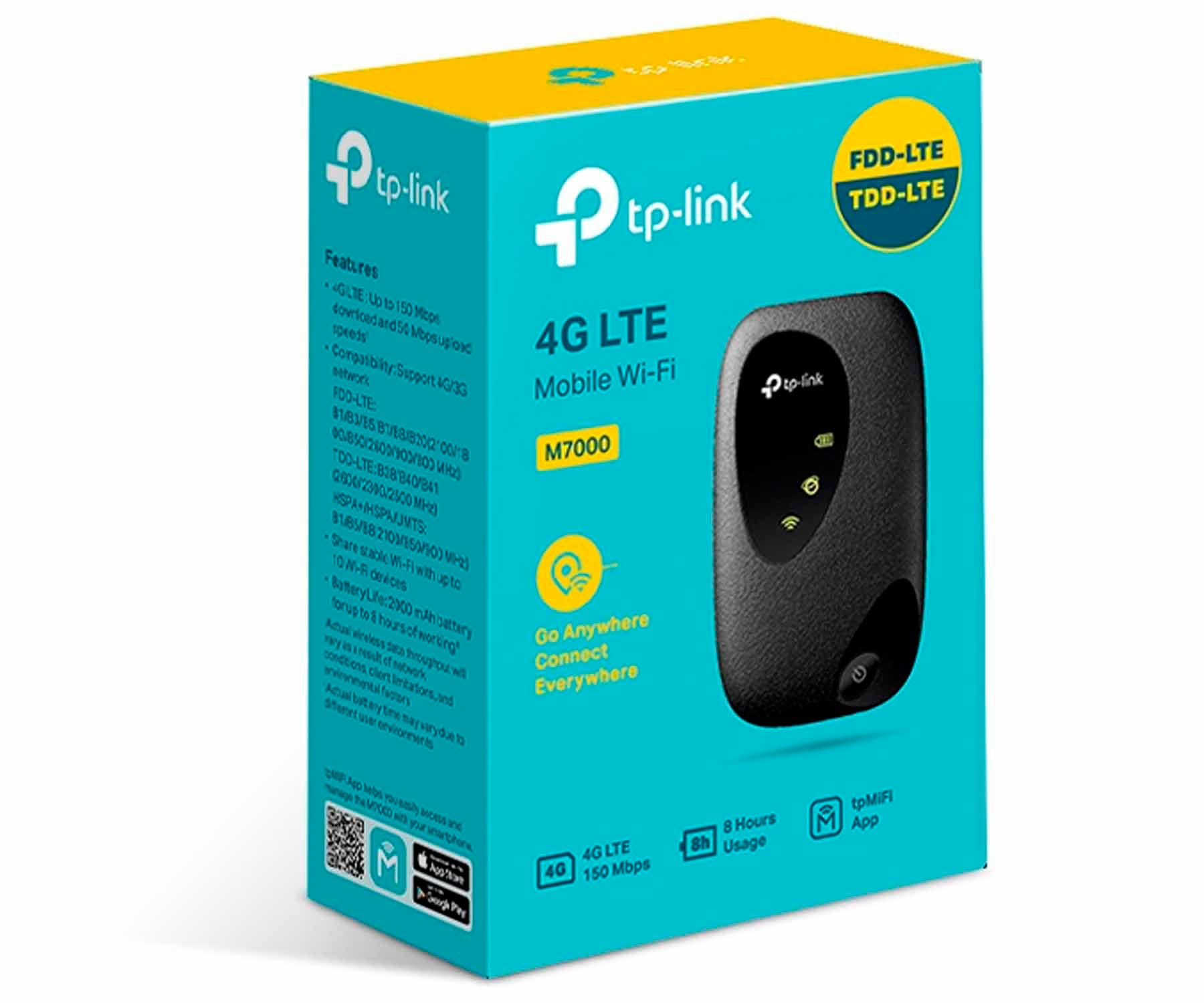Doos voor een 4G LTE mobiele Wi-Fi router. Blauw en wit, met productinfo.