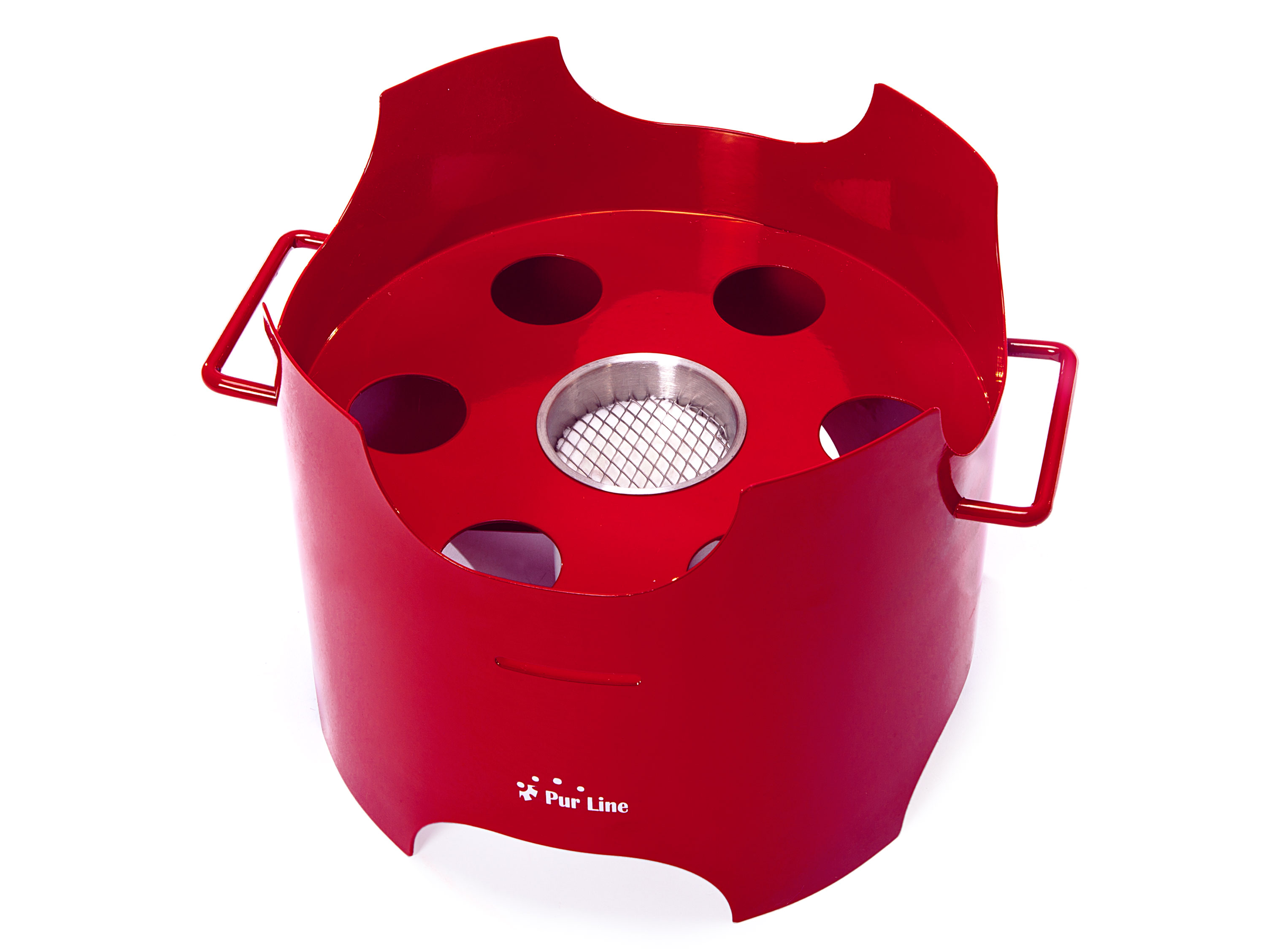 Roter Metall-Feuerkorb mit Griffen. Es hat Löcher und einen Gitterboden.