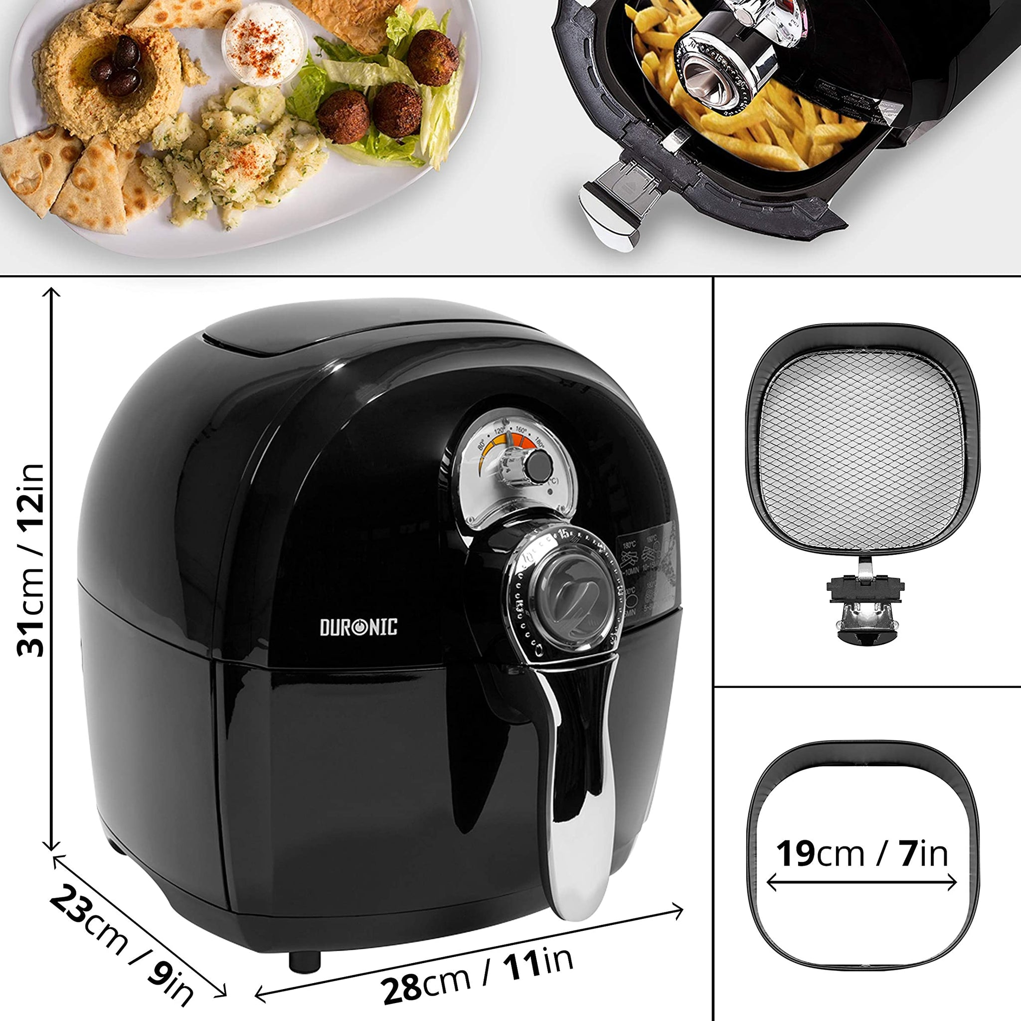 Freidora de aire negra con comida, vista superior de papas fritas. Se muestran dimensiones y un plato de comida.