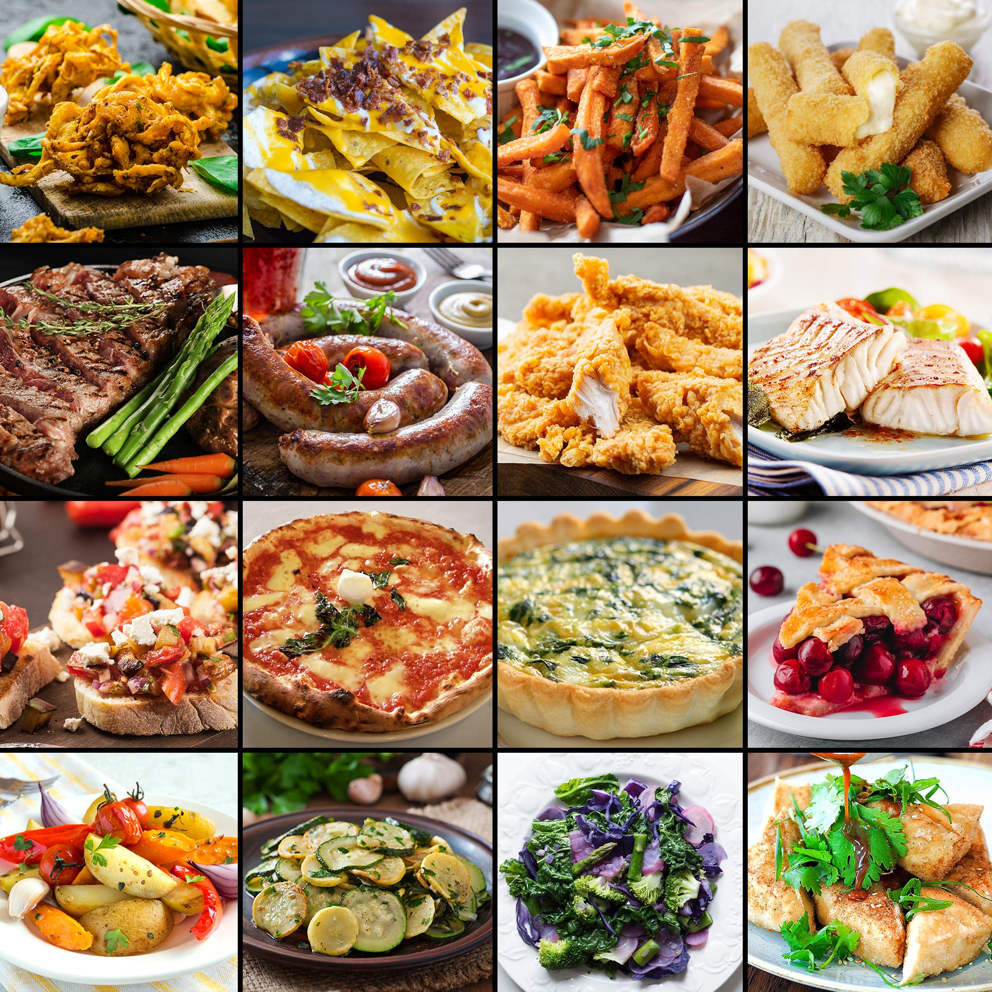 Collage de varios alimentos, incluyendo fritos, pizza y verduras. Fondo marrón.