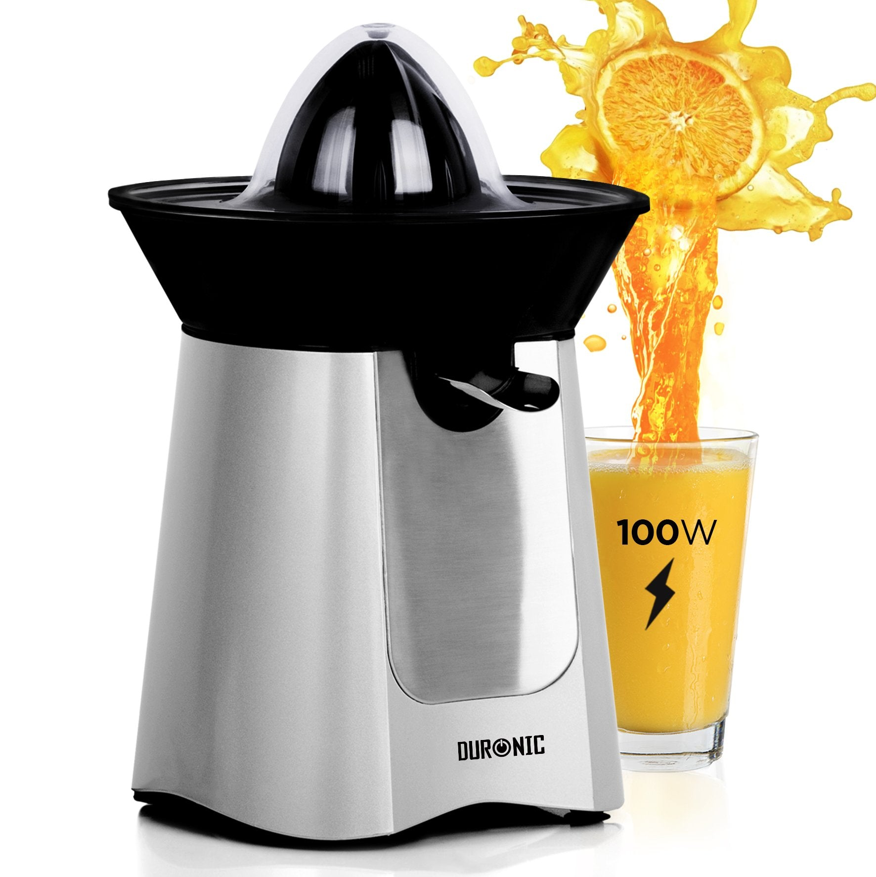 Exprimidor eléctrico con un vaso de zumo y una salpicadura de zumo de naranja.