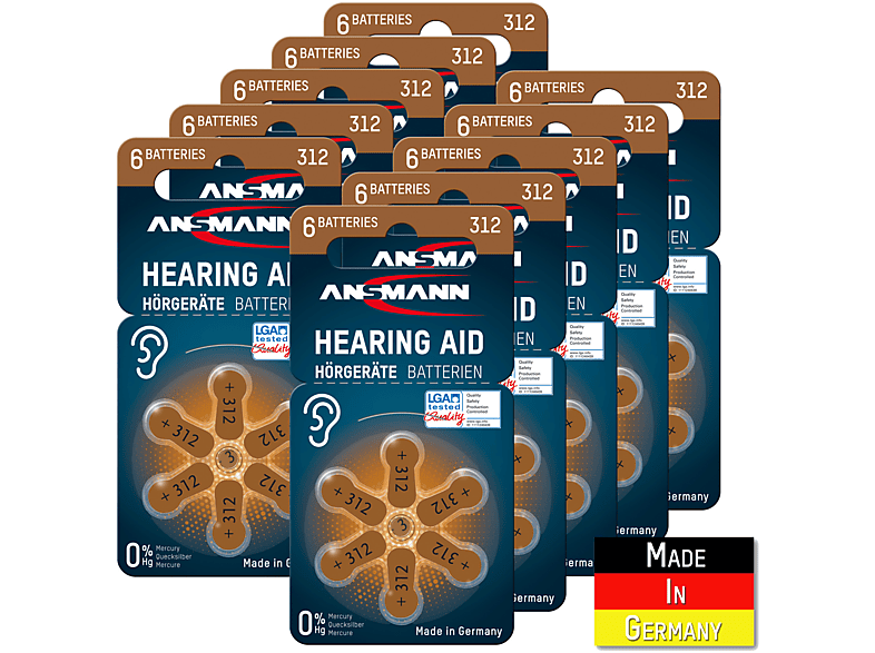 ANSMANN Typ 312 Hörgerätebatterien Braun 60 Stück - P312 ZL3 PR41 Zink Luft Hörgerätebatterien Batterie, Zink-Luft, 1.4 Volt, 180 mAh