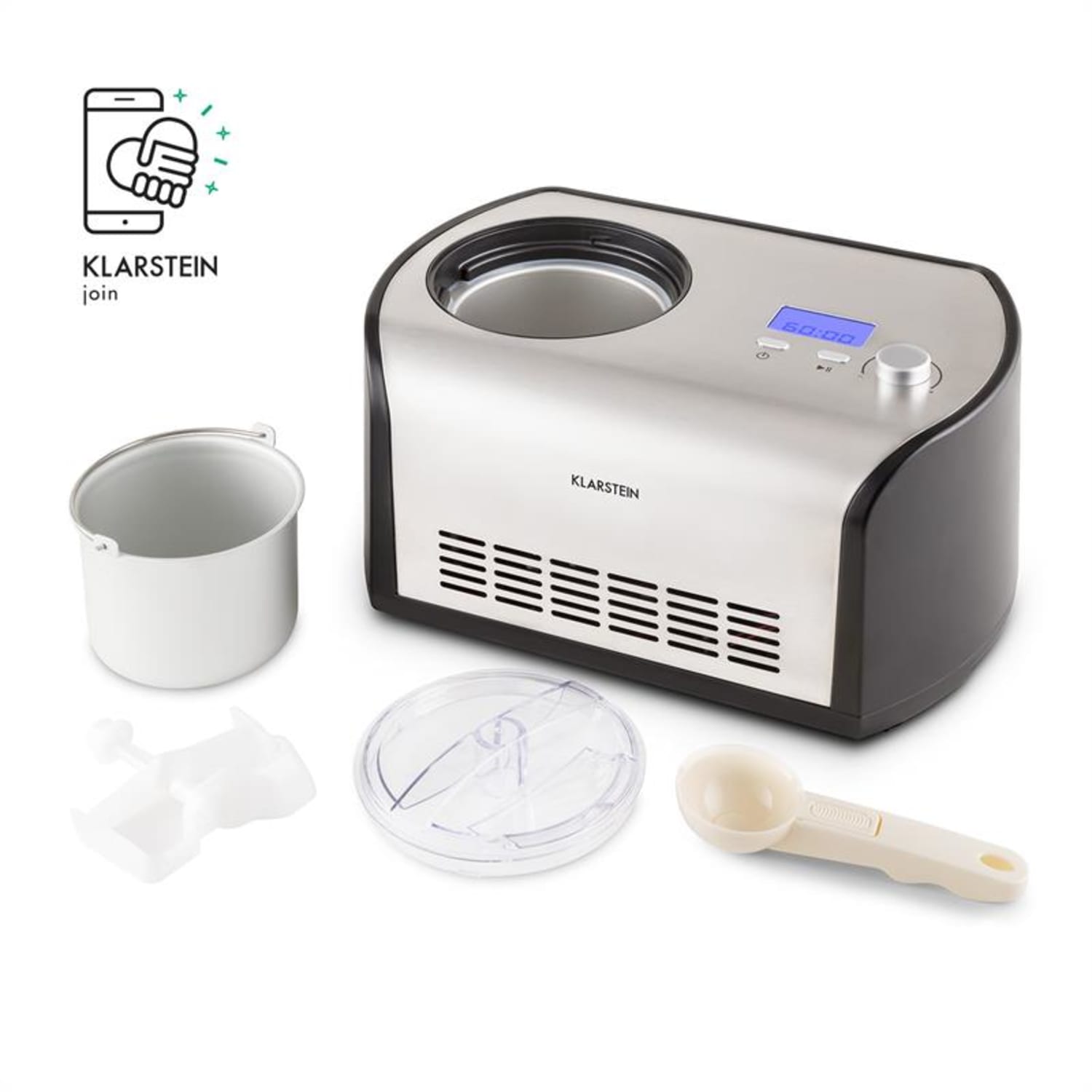 Gelatiera argentata e nera con accessori. Etichetta bianca a sinistra. Gli accessori includono un contenitore e un cucchiaio.
