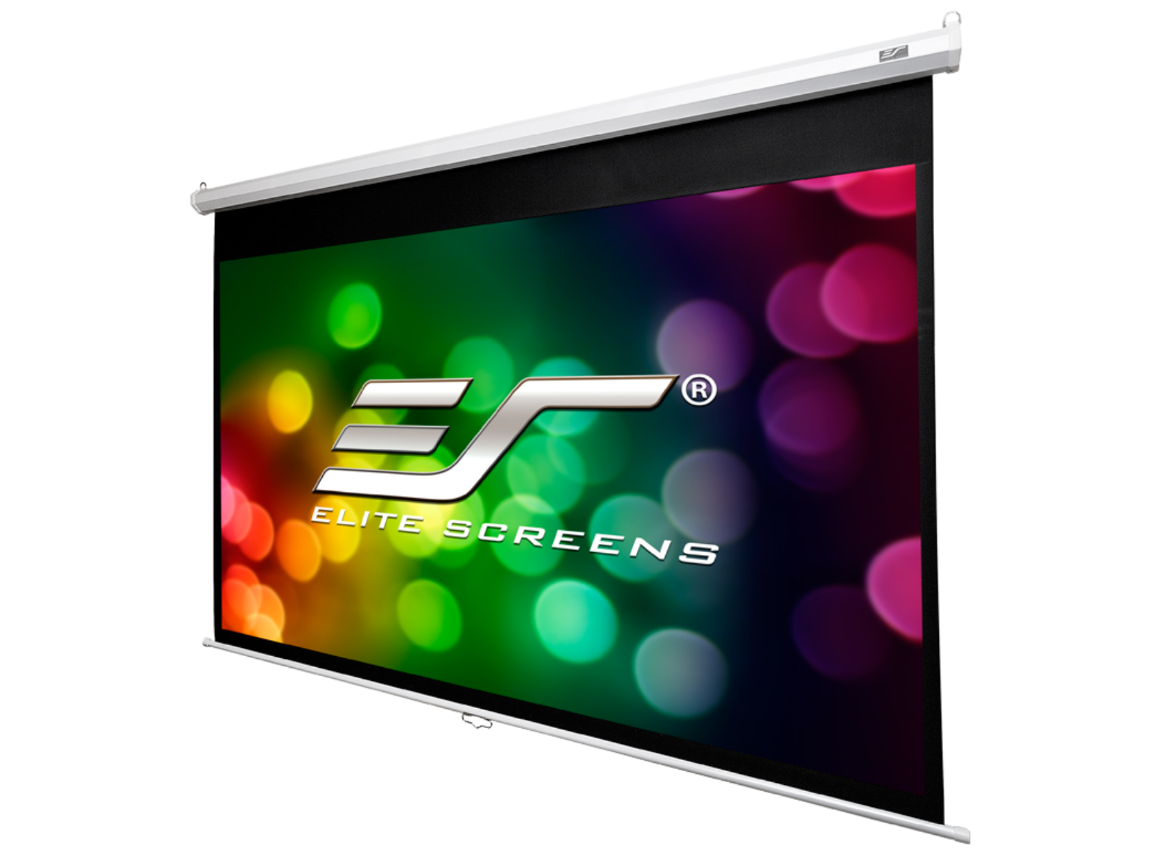 Eine weiße Projektorleinwand mit dem Elite Screens Logo auf einem bunten Bokeh-Hintergrund.