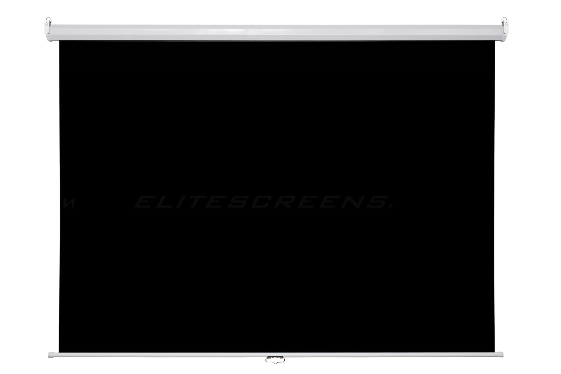 Schwarze Projektionsleinwand, weißes Gehäuse. Der Markenname ELITESCREENS steht drauf.