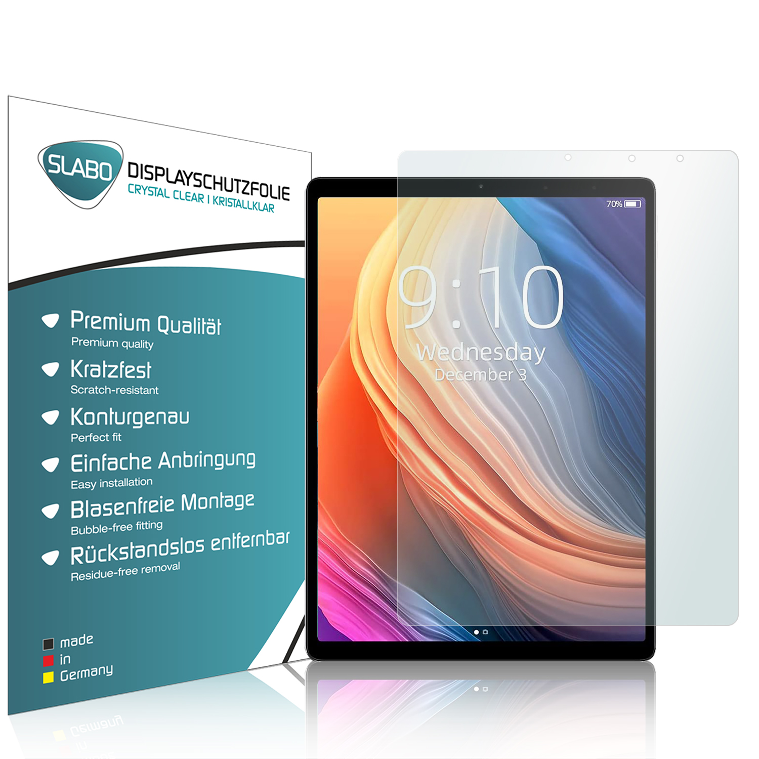 Tablet mit Displayschutzfolie und Box. Text enthält 'Premium Qualität'.