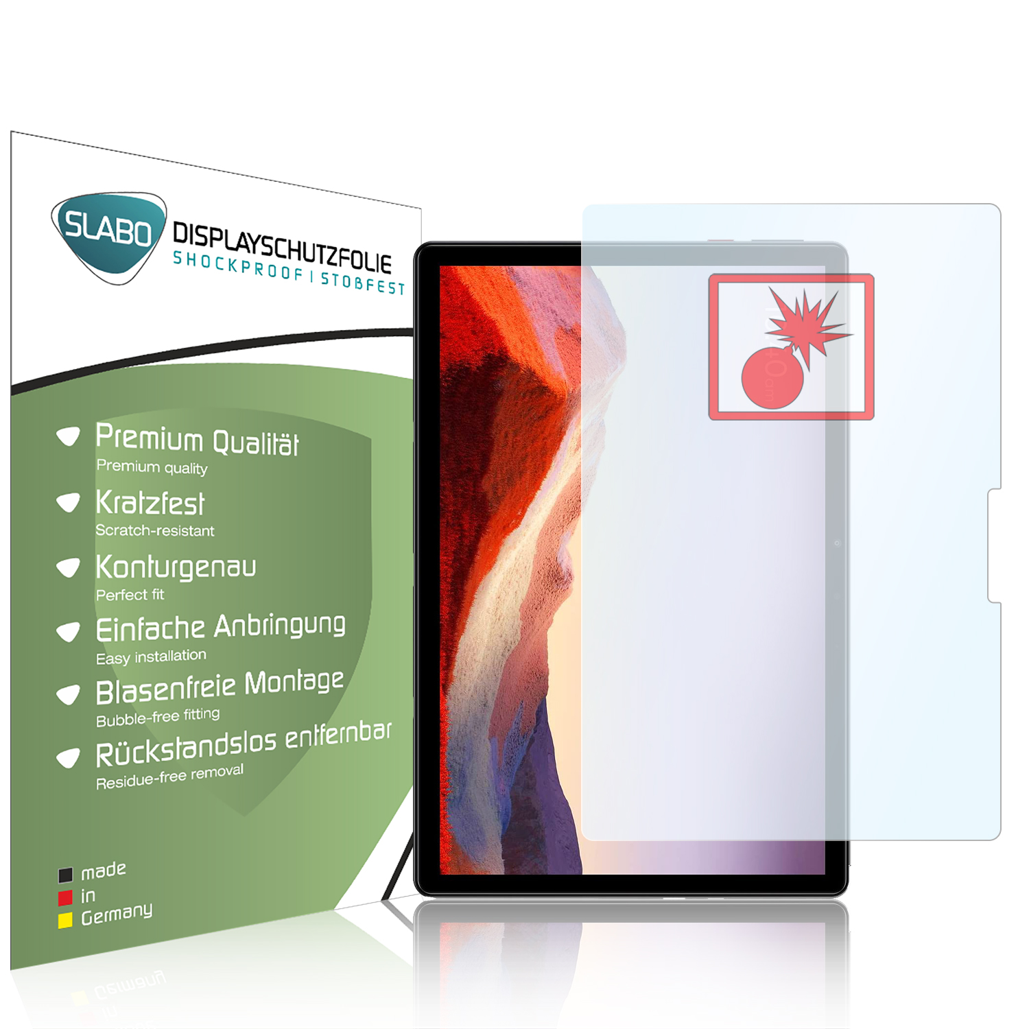 Tablet mit Displayschutzfolie und Verpackung, weißer Hintergrund.