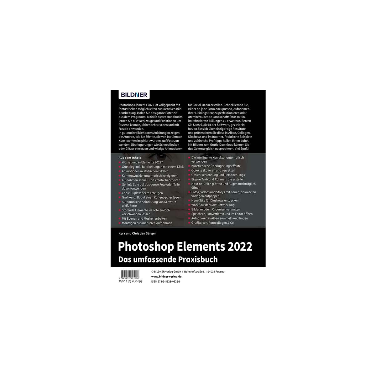 Buchcover mit Text 'Photoshop Elements 2022' und Autorennamen. Weißer und roter Hintergrund.