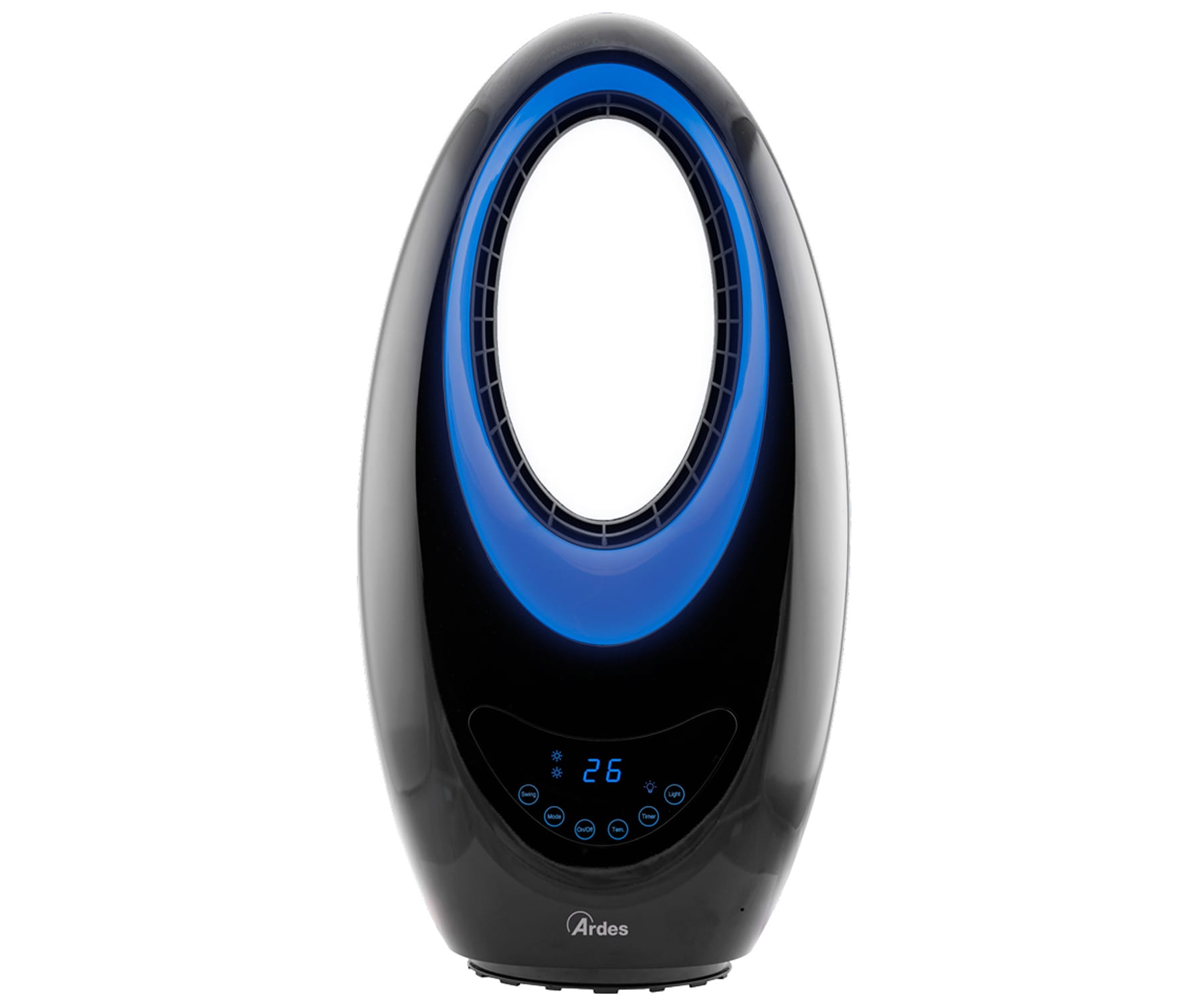 Schwarzer und blauer Ovalventilator. Verfügt über ein Digitaldisplay und Tasten. Die Marke ist Ardes.