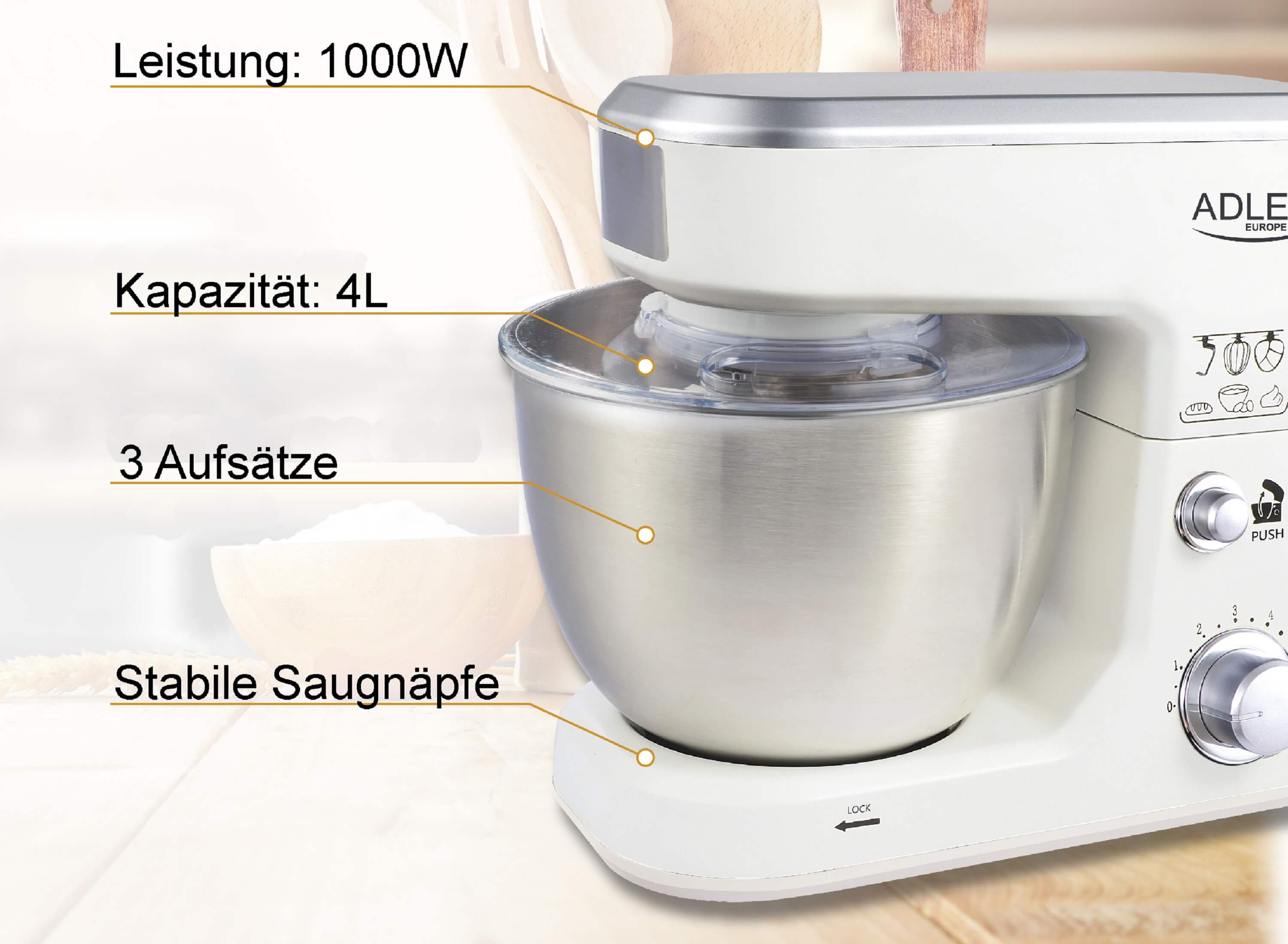 ADLER EUROPE AD-4216 Küchenmaschine (Rührschüsselkapazität: Liter, Watt) 4 Weiß 1000