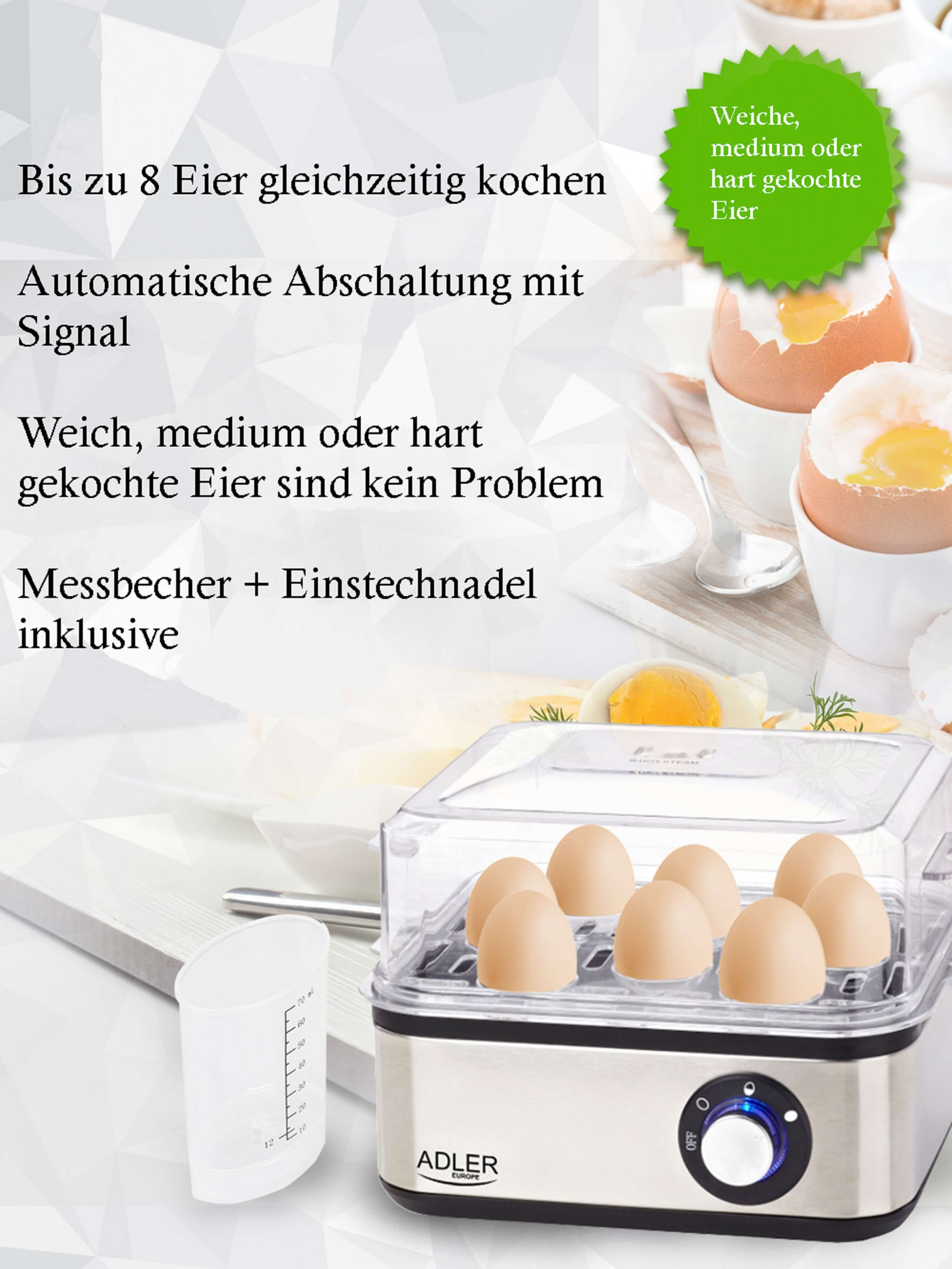 Gotowacz jajek z jajkami w środku i miarką. Zbliżenie.