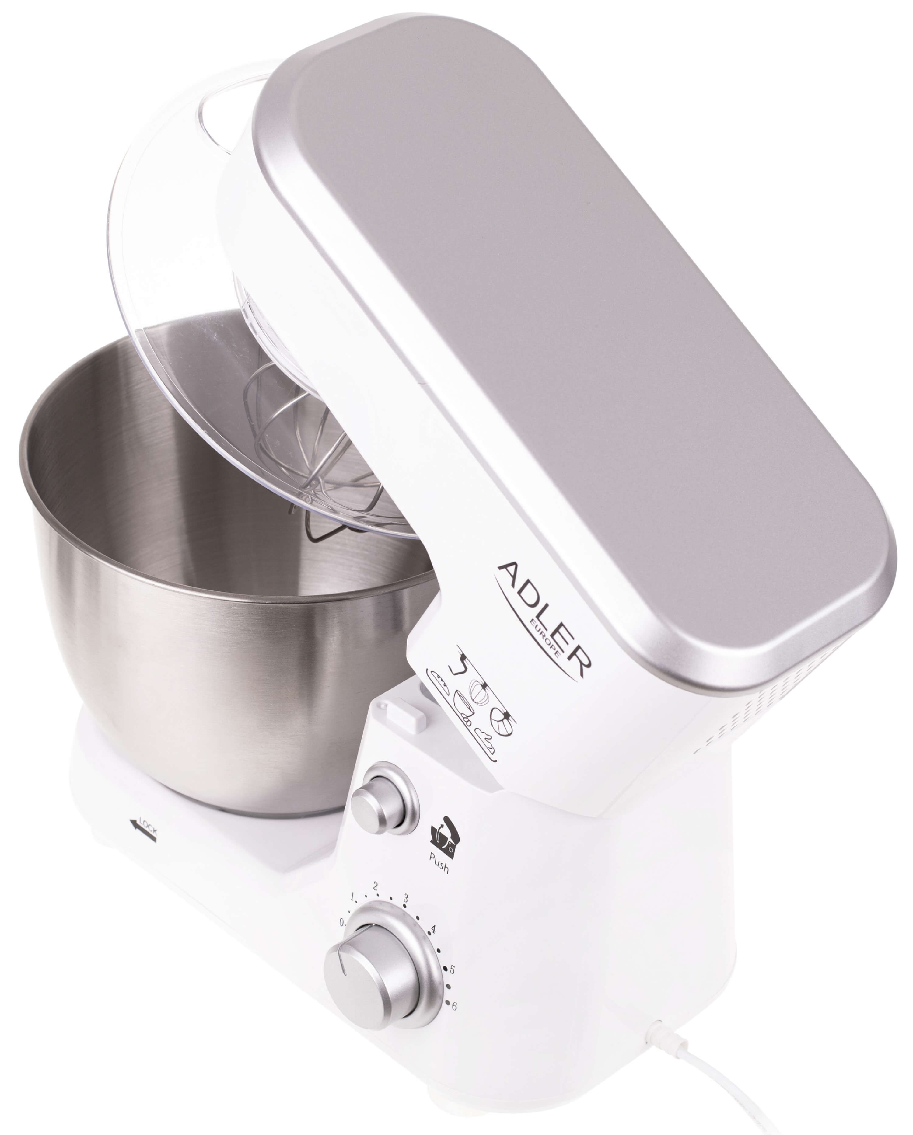 Biały mikser stojący z misą ze stali nierdzewnej. Izolowany na białym tle. Widok z góry.