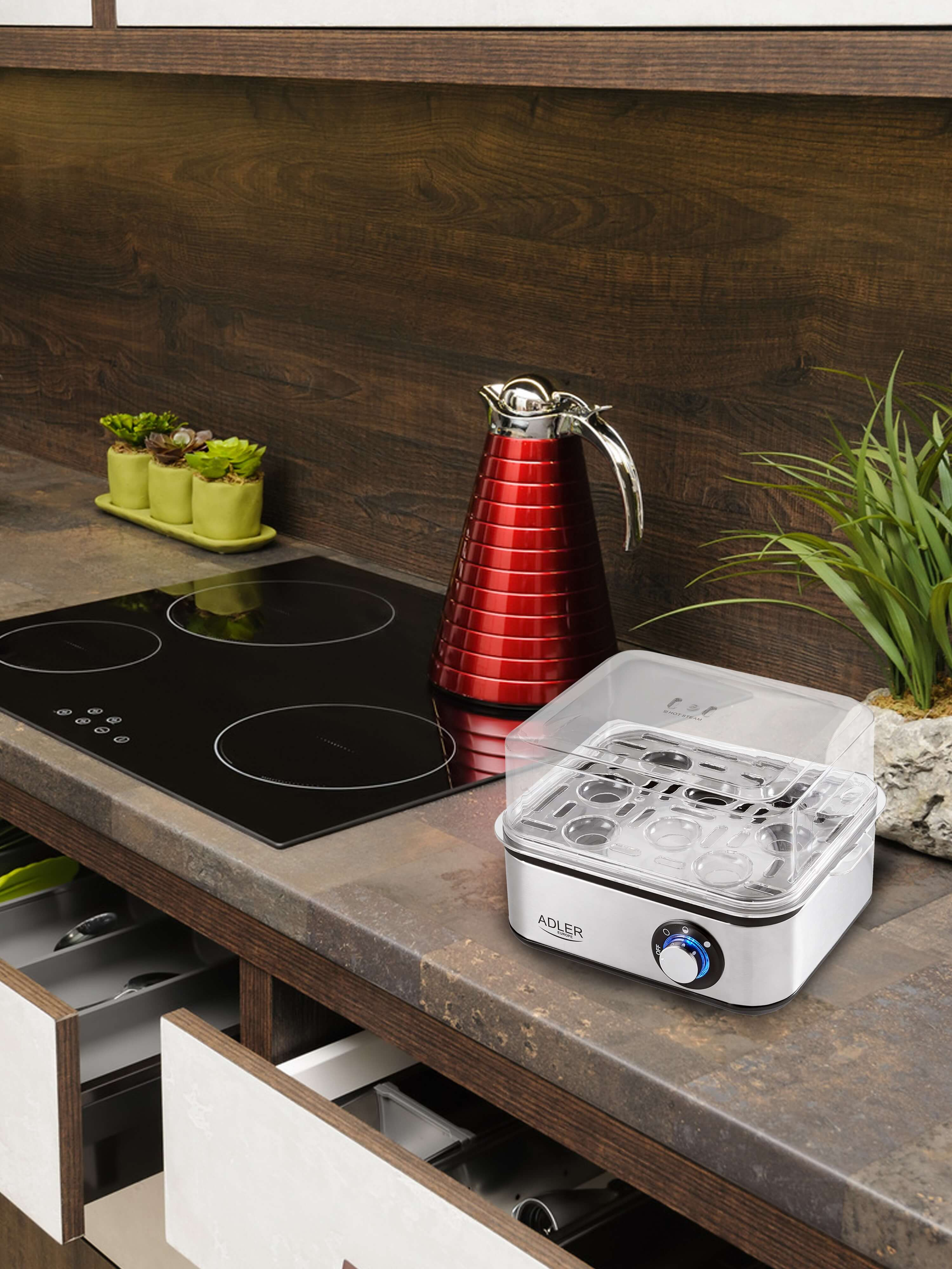 Blat kuchenny z parowarem do jajek i czerwonym dzbankiem. Obecna jest płyta grzewcza i rośliny.