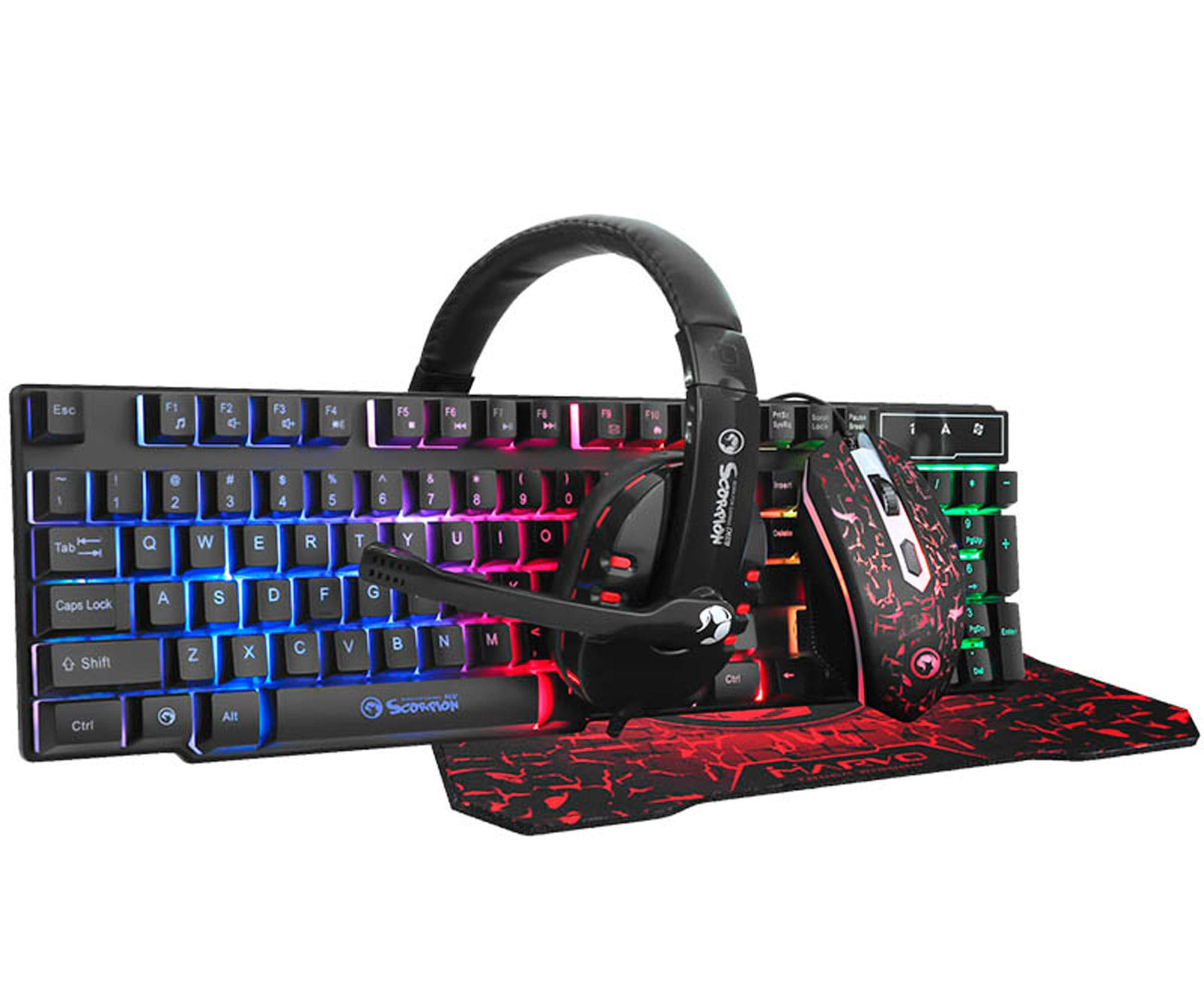 Pack gaming - SCORPION CM370 PACK GAMING 4 EN 1 DE TECLADO + RATÓN + AURICULARES + ALFOMBRILLA SCORPION, USB, -, Negro