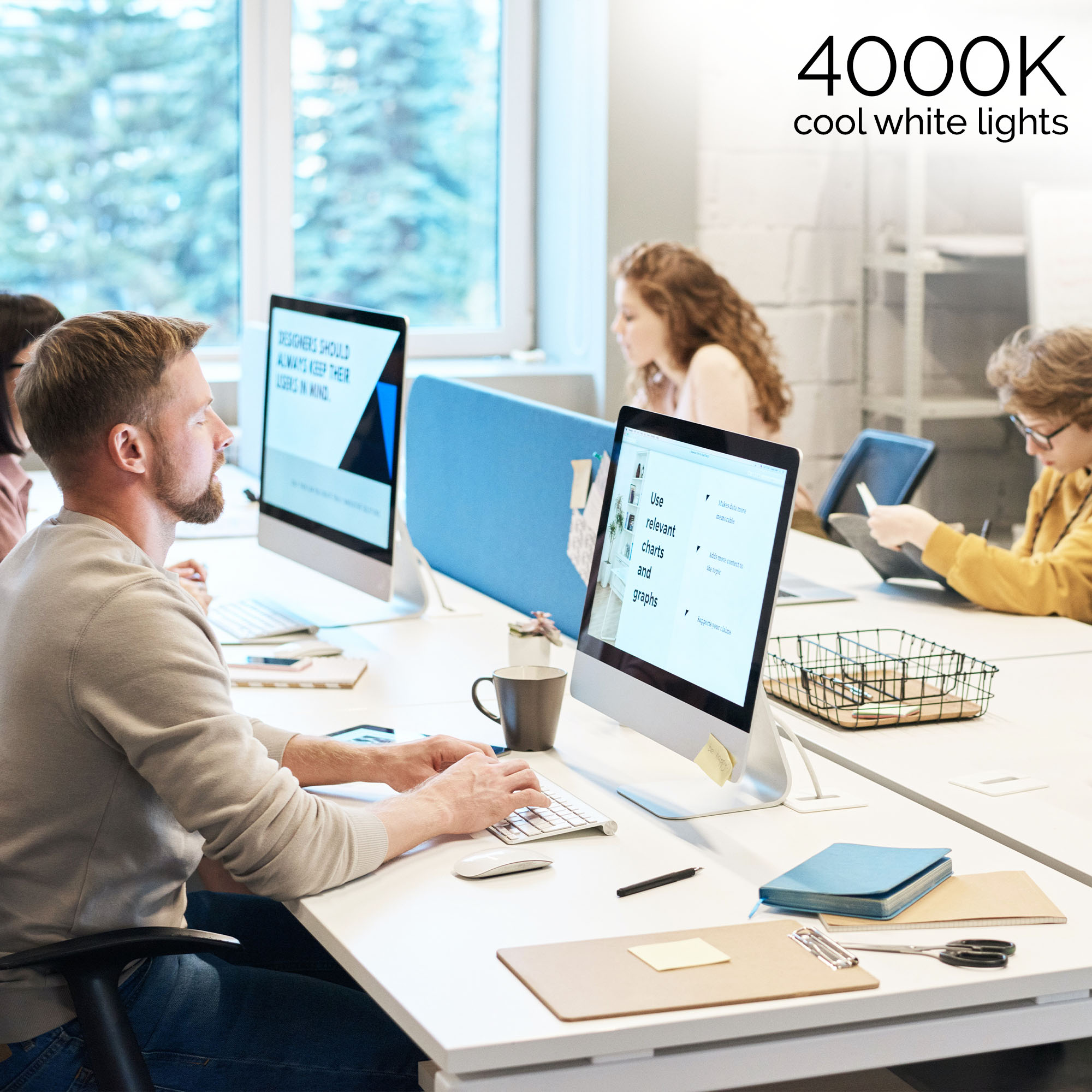 Leute arbeiten in einem modernen Büro mit weißen Schreibtischen und Computern. 4000K kühle weiße Lichter.