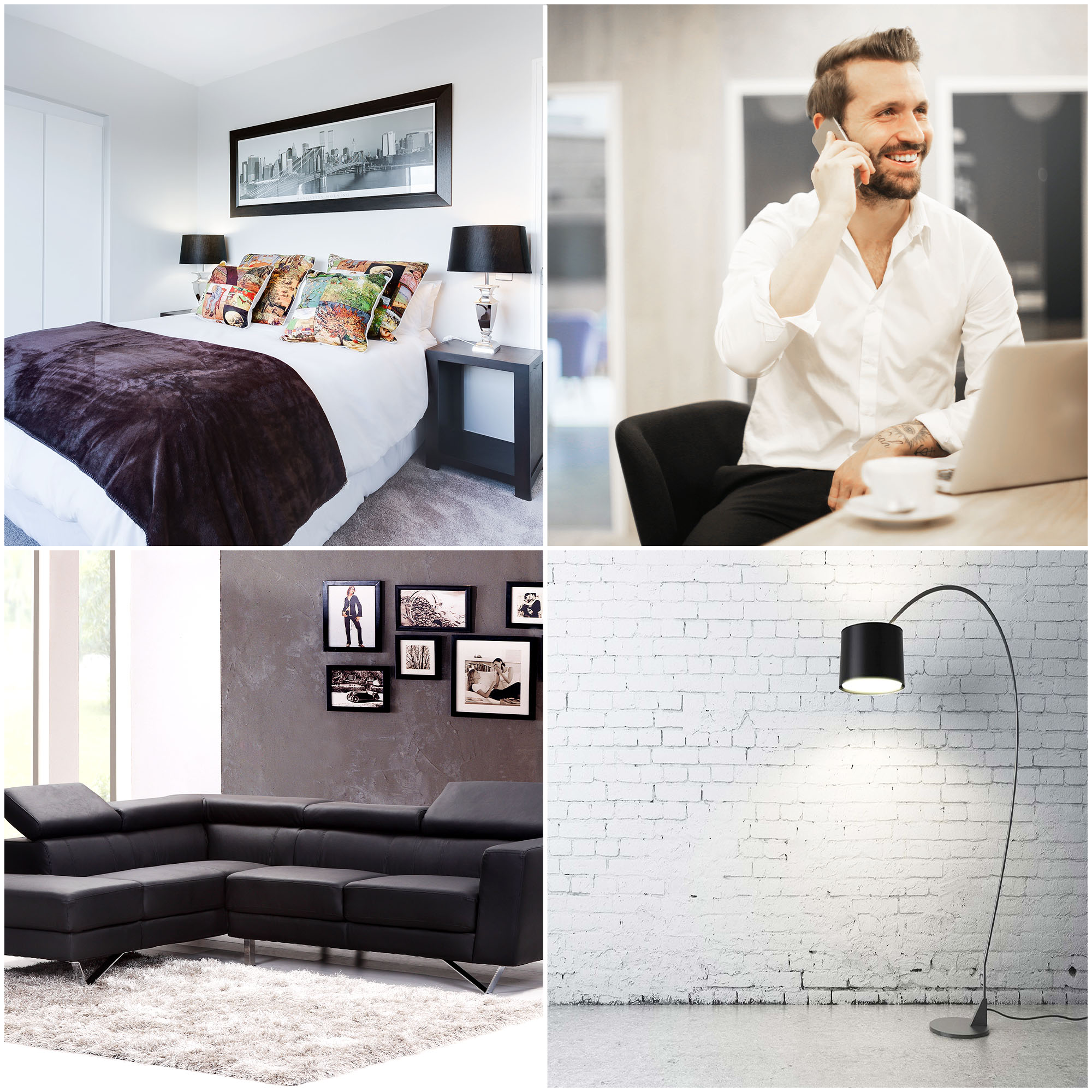 Collage von Innenarchitekturbildern: ein Schlafzimmer, ein Mann am Telefon, ein Sofa und eine Lampe.