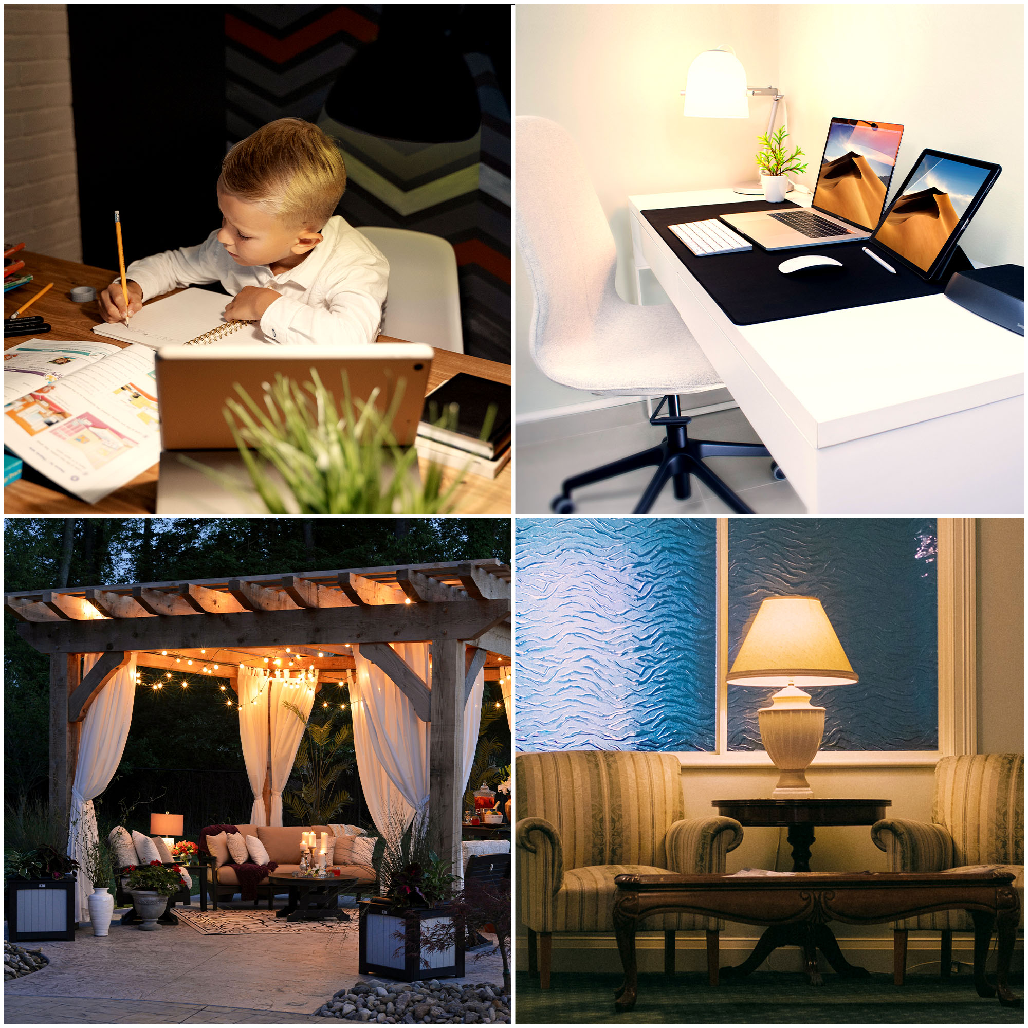 Vier Bilder in einer Collage: Kind beim Lernen, Schreibtisch mit Laptops, Pavillon und Wohnzimmer mit Lampe.