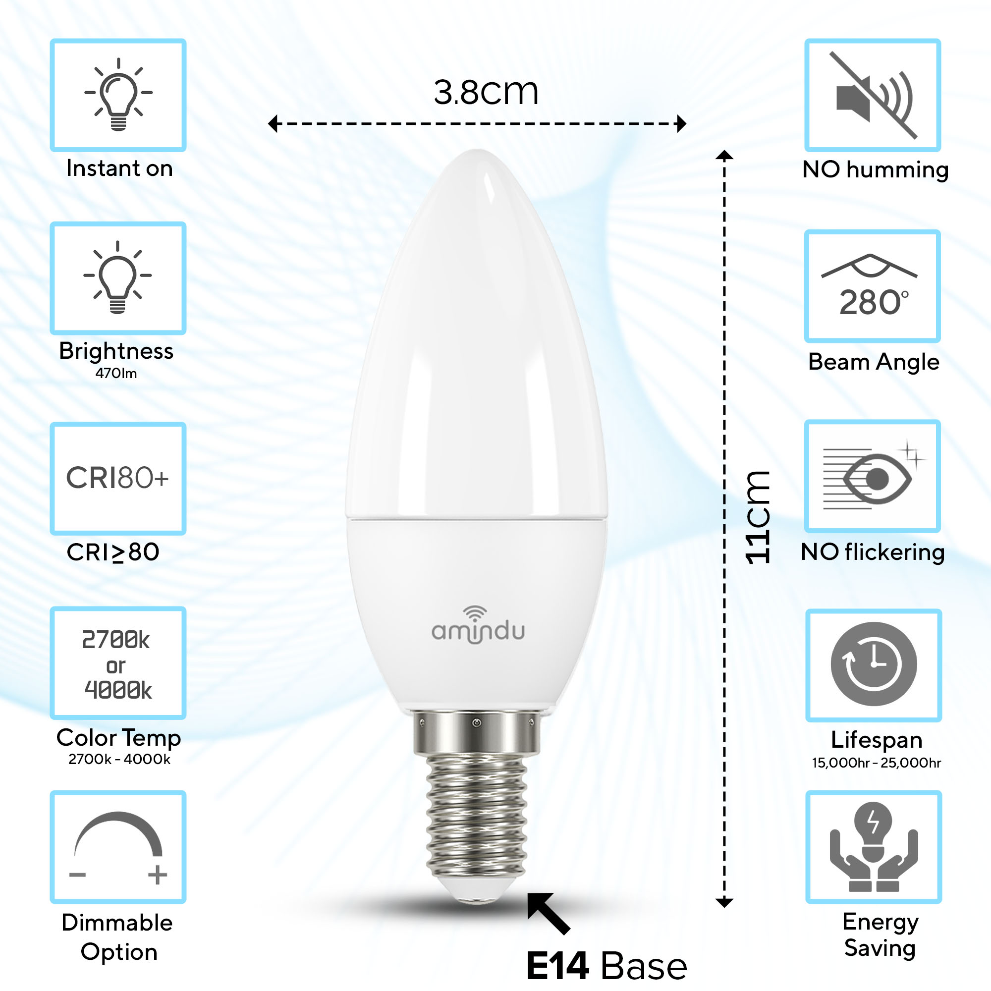 Weiße LED-Glühbirne mit Spezifikationen und Abmessungsinformationen, umgeben von Symbolen und Text.