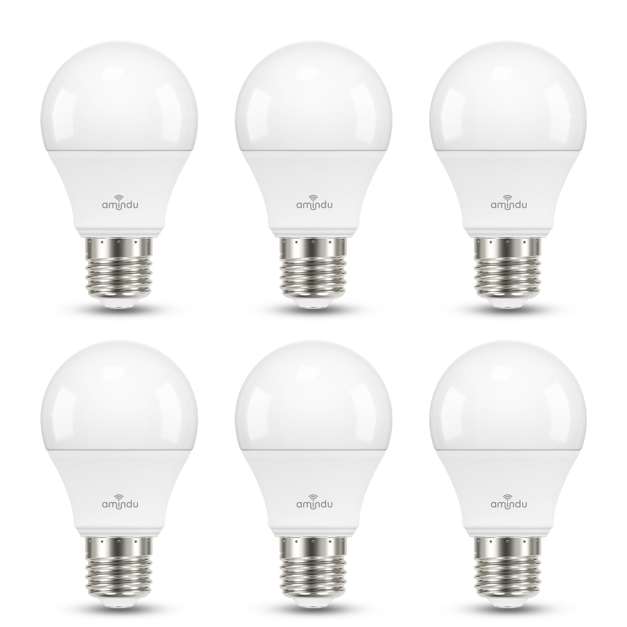 Sechs weiße LED-Glühbirnen mit silbernen Sockeln, angeordnet in zwei Reihen auf weißem Hintergrund.