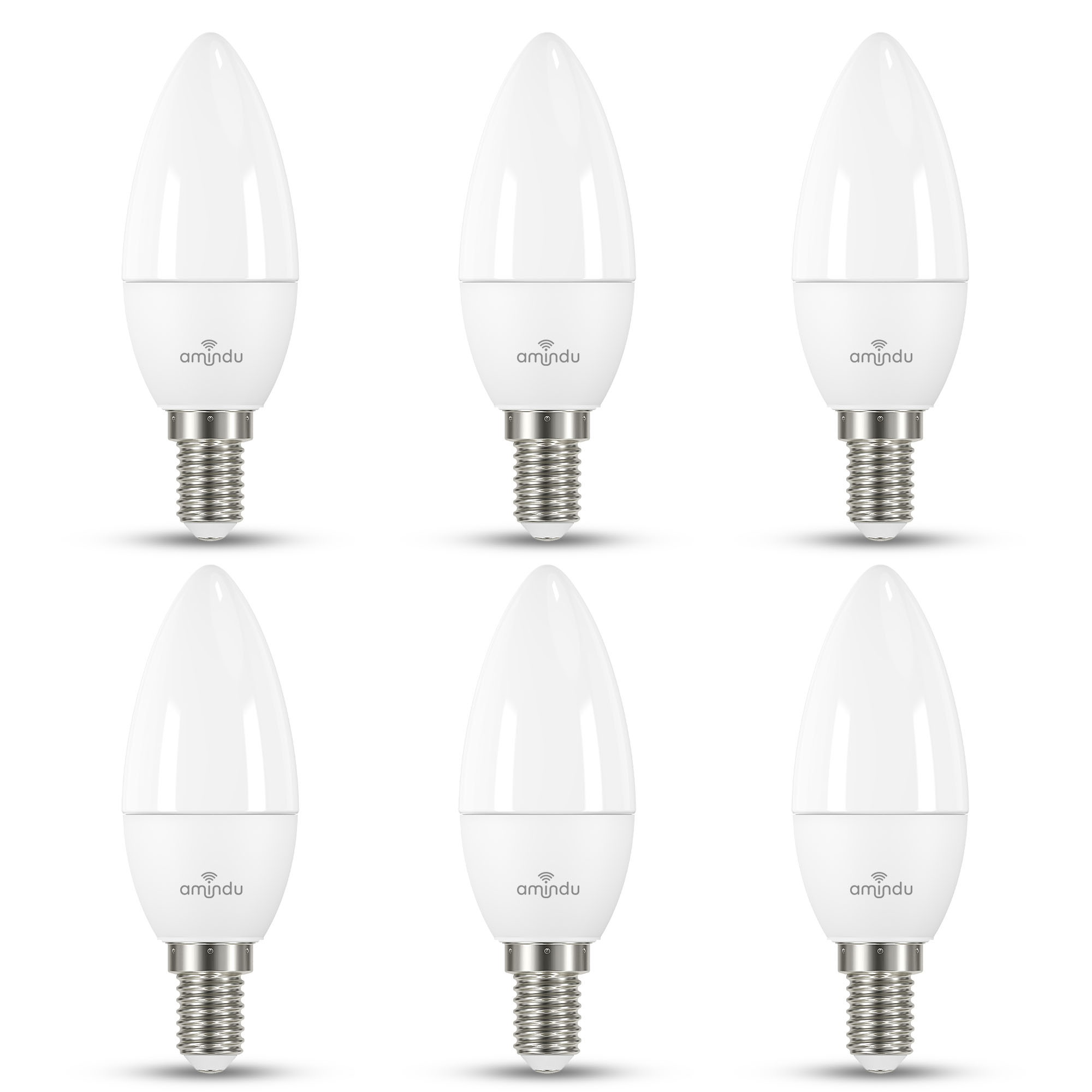 Sechs weiße LED-Glühbirnen in Kerzenform mit dem Markennamen 