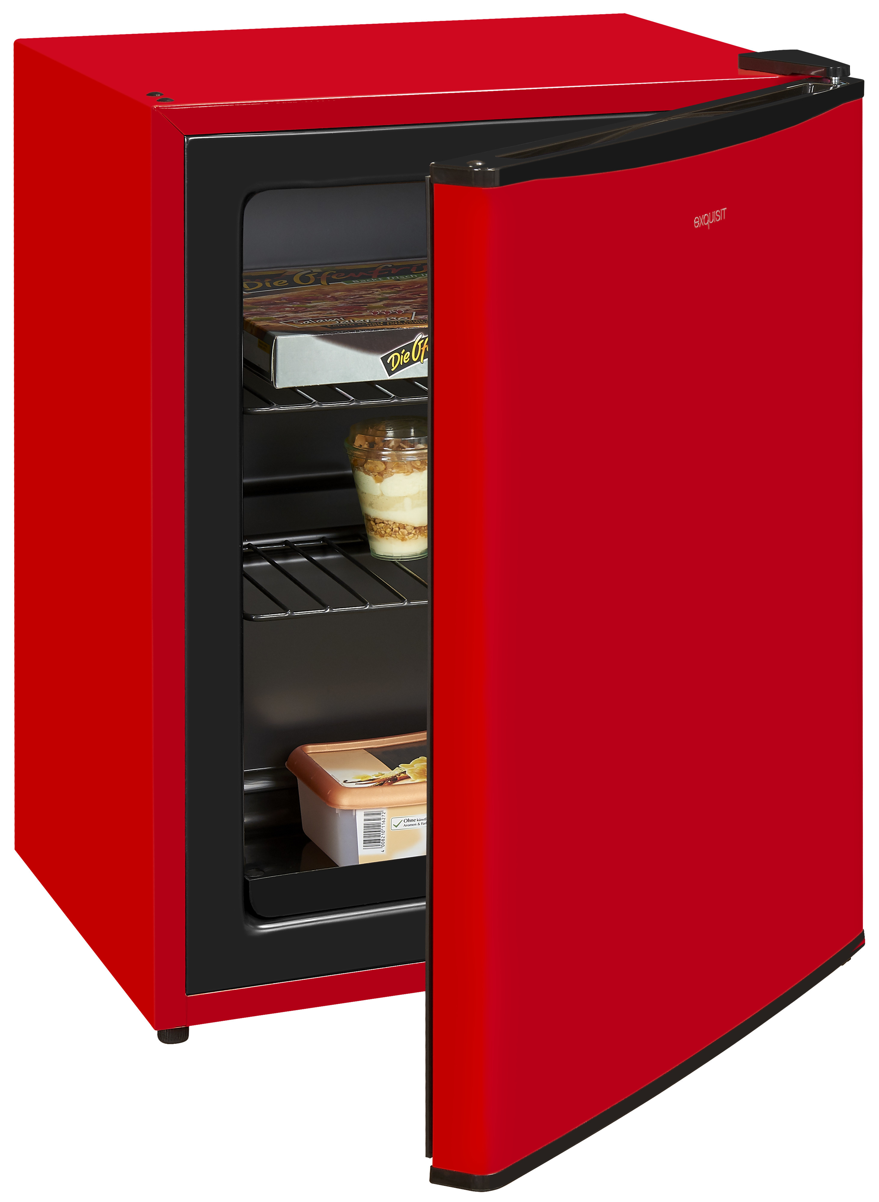 Ein kleiner roter Kühlschrank mit offener Tür, gefüllt mit Lebensmitteln auf Regalen.