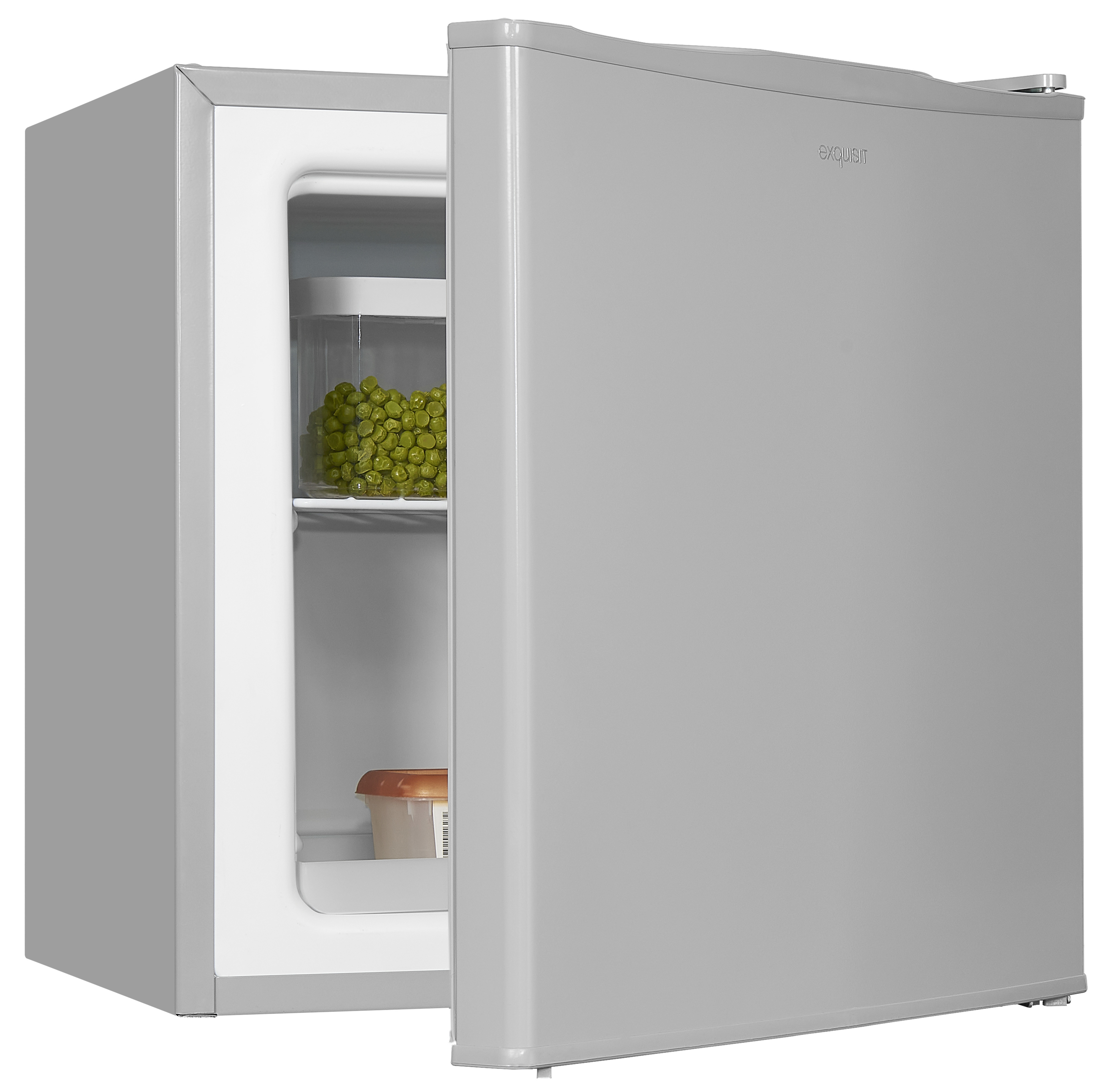 Grauer Mini-Kühlschrank mit geöffneter Tür. Im Inneren befindet sich ein Regal mit Erbsen und einem Behälter.