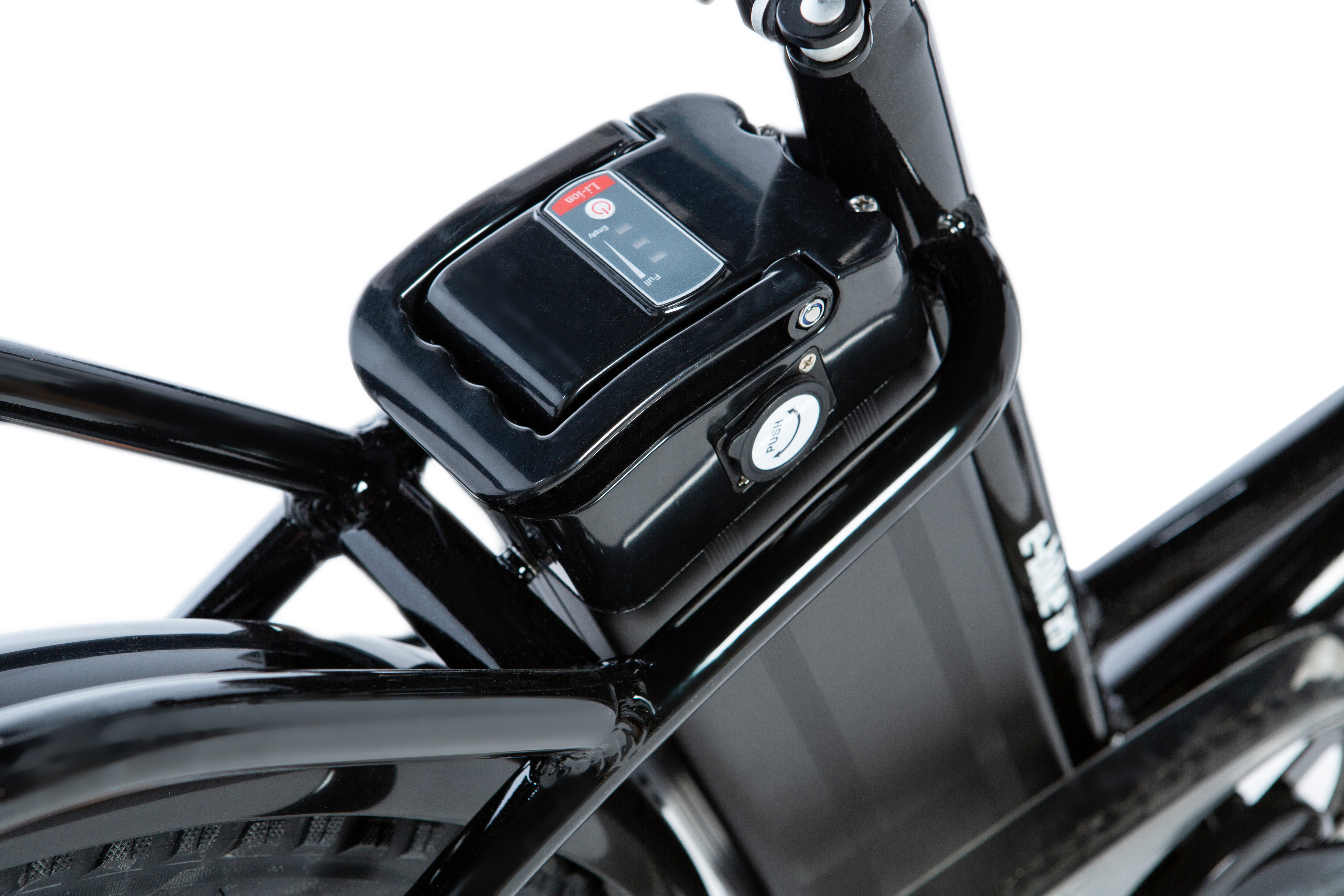 Una batteria per bicicletta elettrica. È nera con spie luminose e un alloggiamento per la chiave.