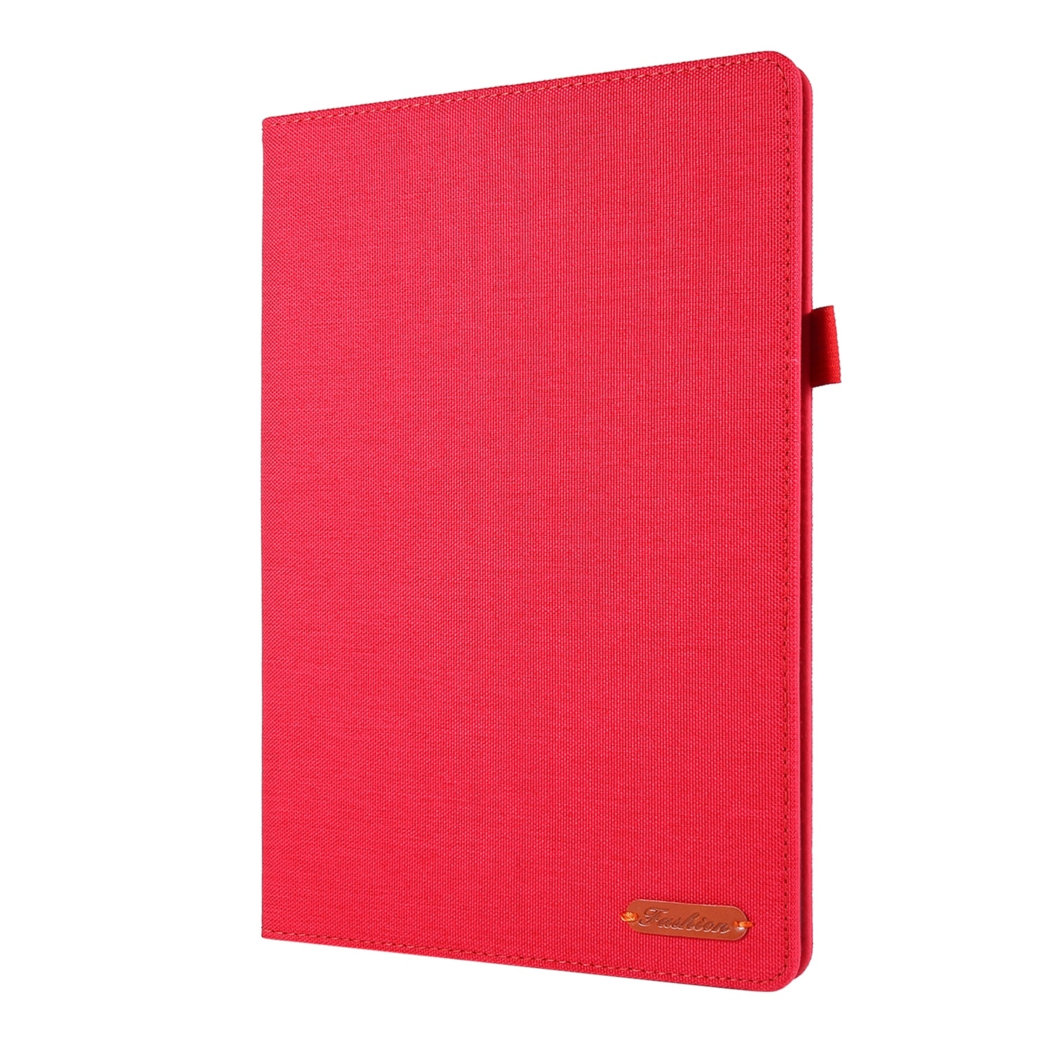 Rote Tablethülle mit strukturierter Oberfläche, geschlossen, mit einem braunen Etikett mit der Aufschrift 'Fashion'.