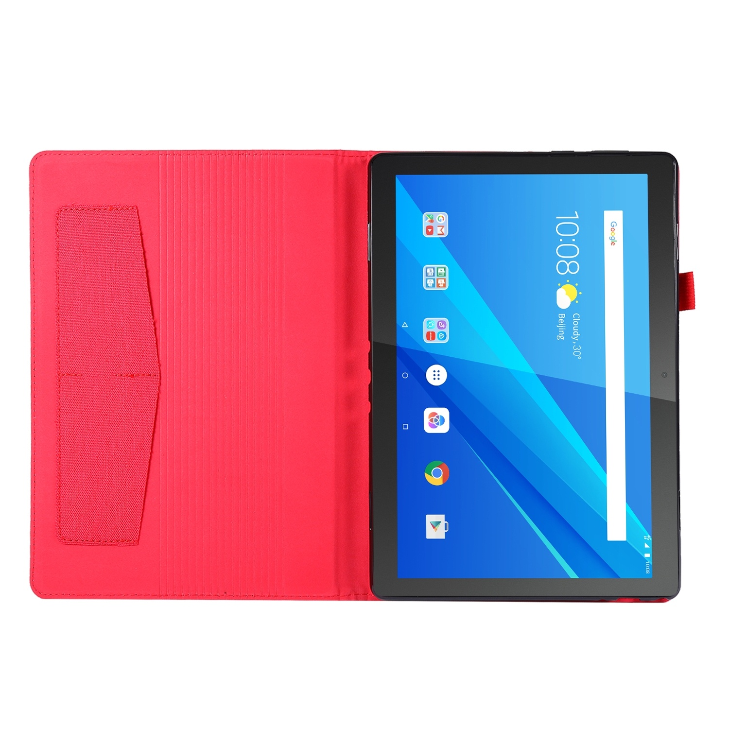 Tablet in roter Hülle, zeigt Apps und die Zeit 10:08 auf blauem Hintergrund.