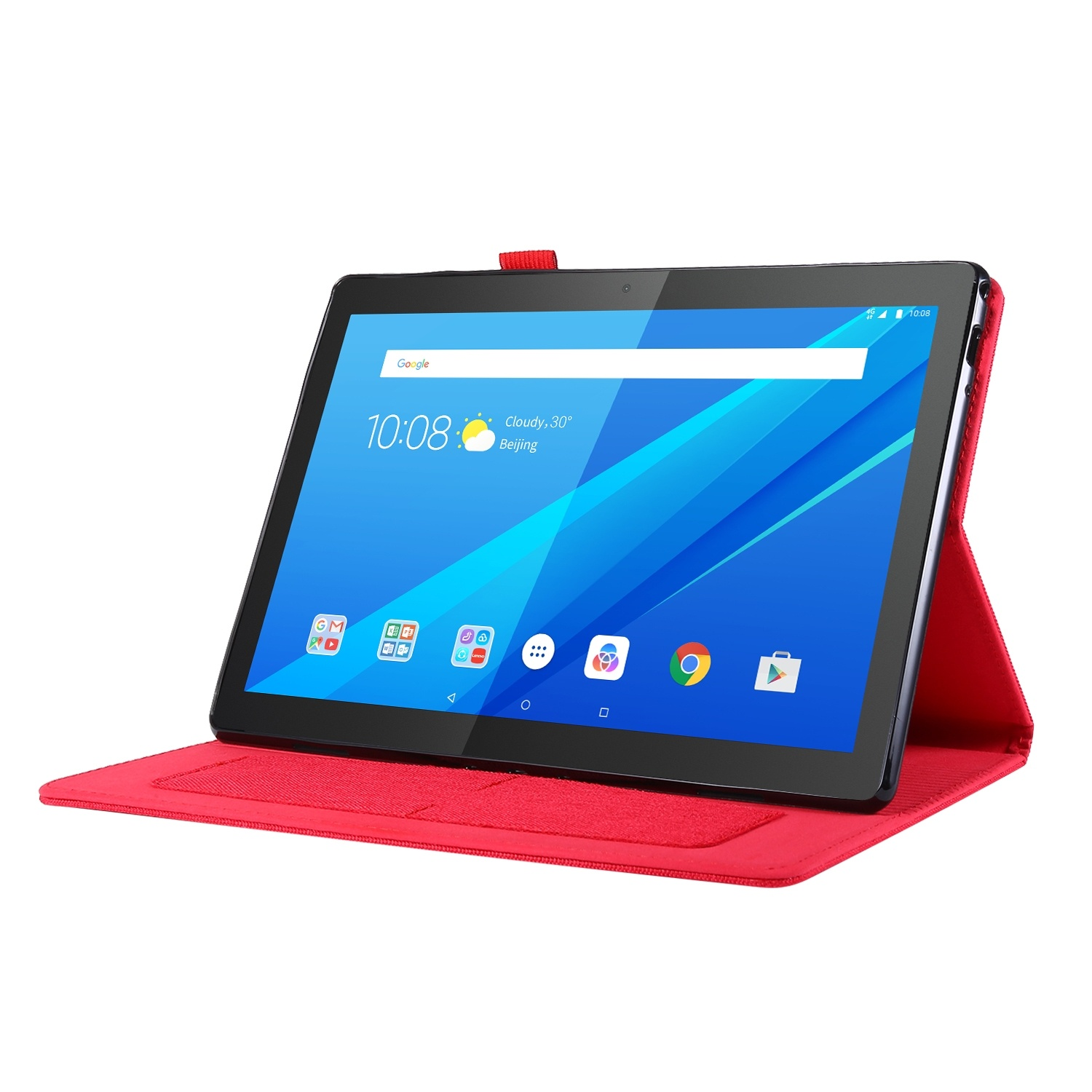 Tablet in roter Hülle, zeigt den Bildschirm mit Apps und Google-Suche.
