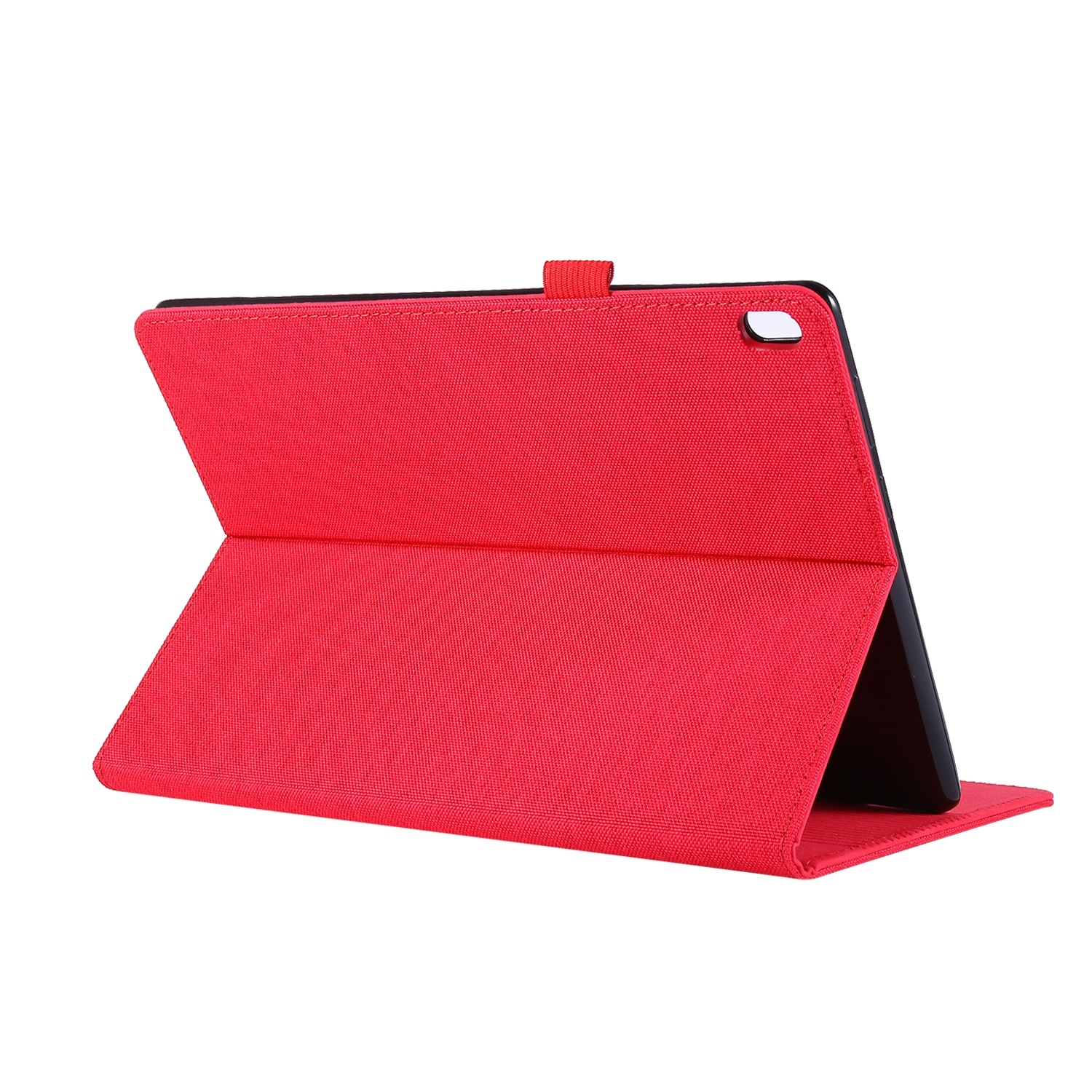Rotes Tabletetui, geöffnet und aufgestellt, vor weißem Hintergrund.