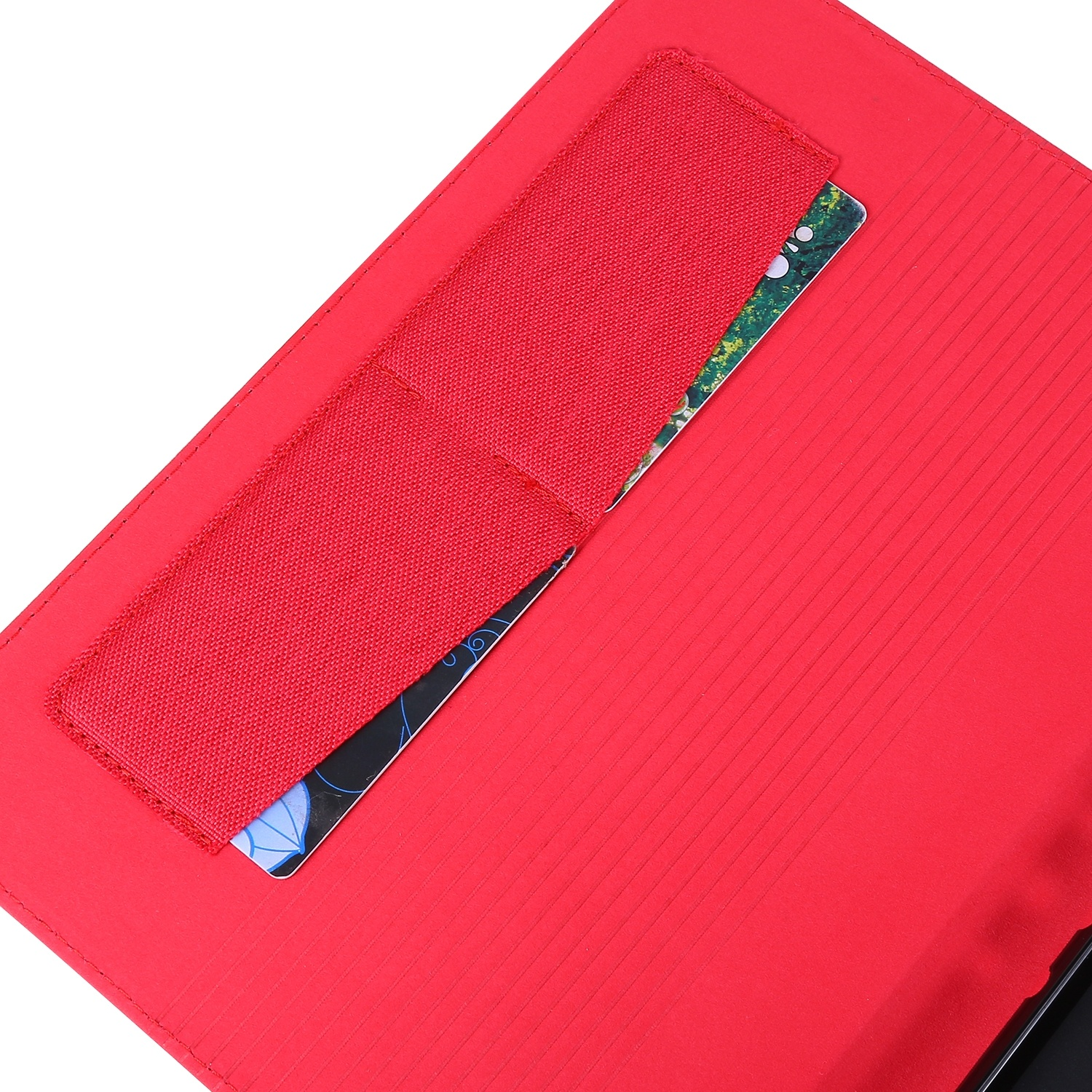Rote Tablet-Hülle geöffnet, mit Kartenfach und teilweise eingelegter Karte. Roter Innenraum.