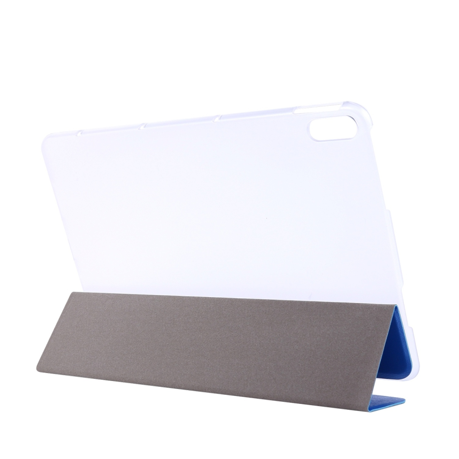 Transparente Tablet-Hülle mit grauem Ständer, blauer Kante.