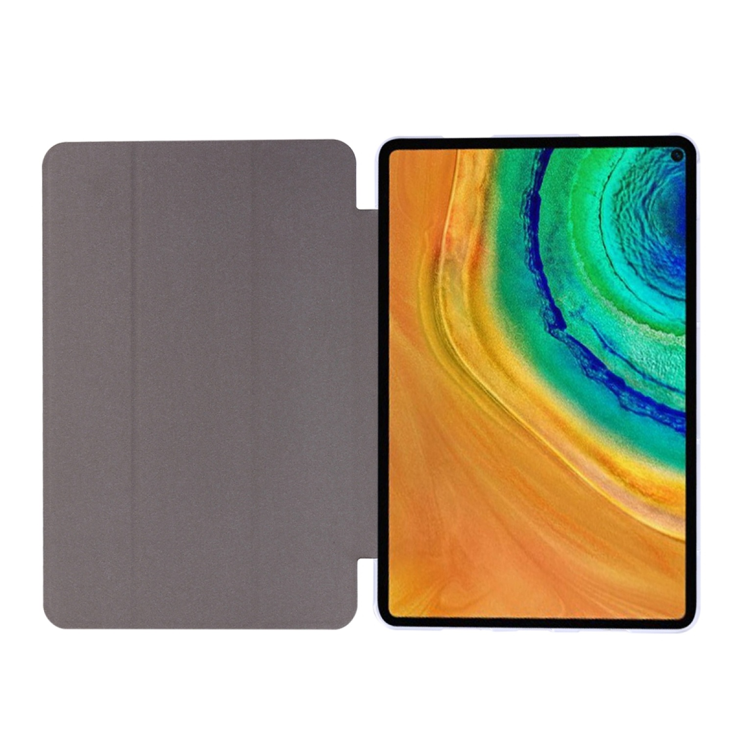 Tablet in grauem Etui, geöffnet. Der Bildschirm zeigt ein Bild.