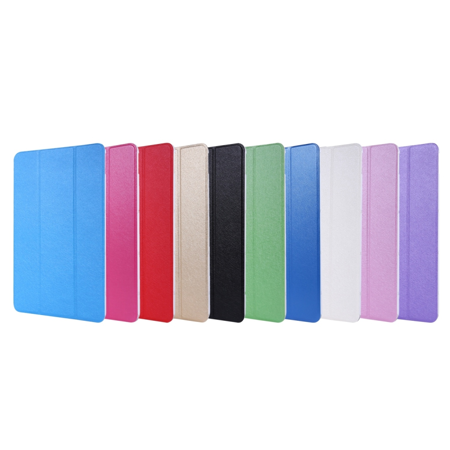 Eine Reihe farbenfroher Tablet-Hüllen; blau, rosa, rot, beige, schwarz, grün, weiß, lila. Weißer Hintergrund.
