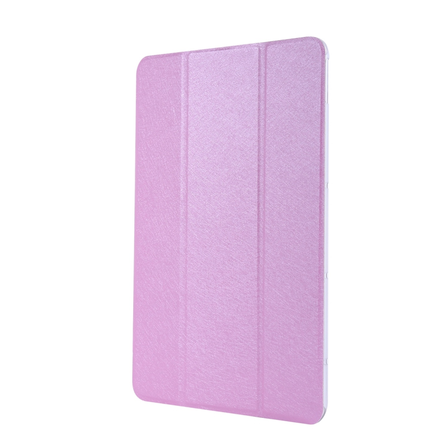 Eine pinkfarbene Tablethülle, geschlossen, mit strukturierter Oberfläche und vertikalen Knicklinien.