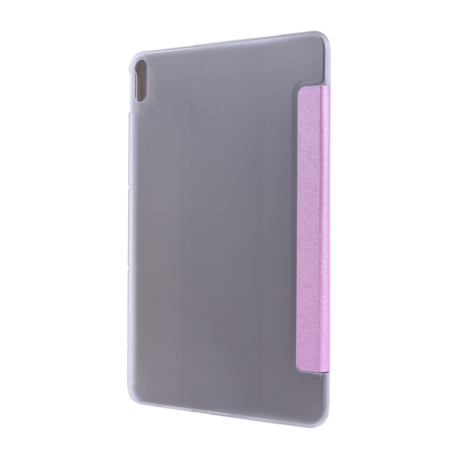 Eine Tablet-Hülle, grau mit pinkfarbener Abdeckung. Das Tablet ist teilweise sichtbar.