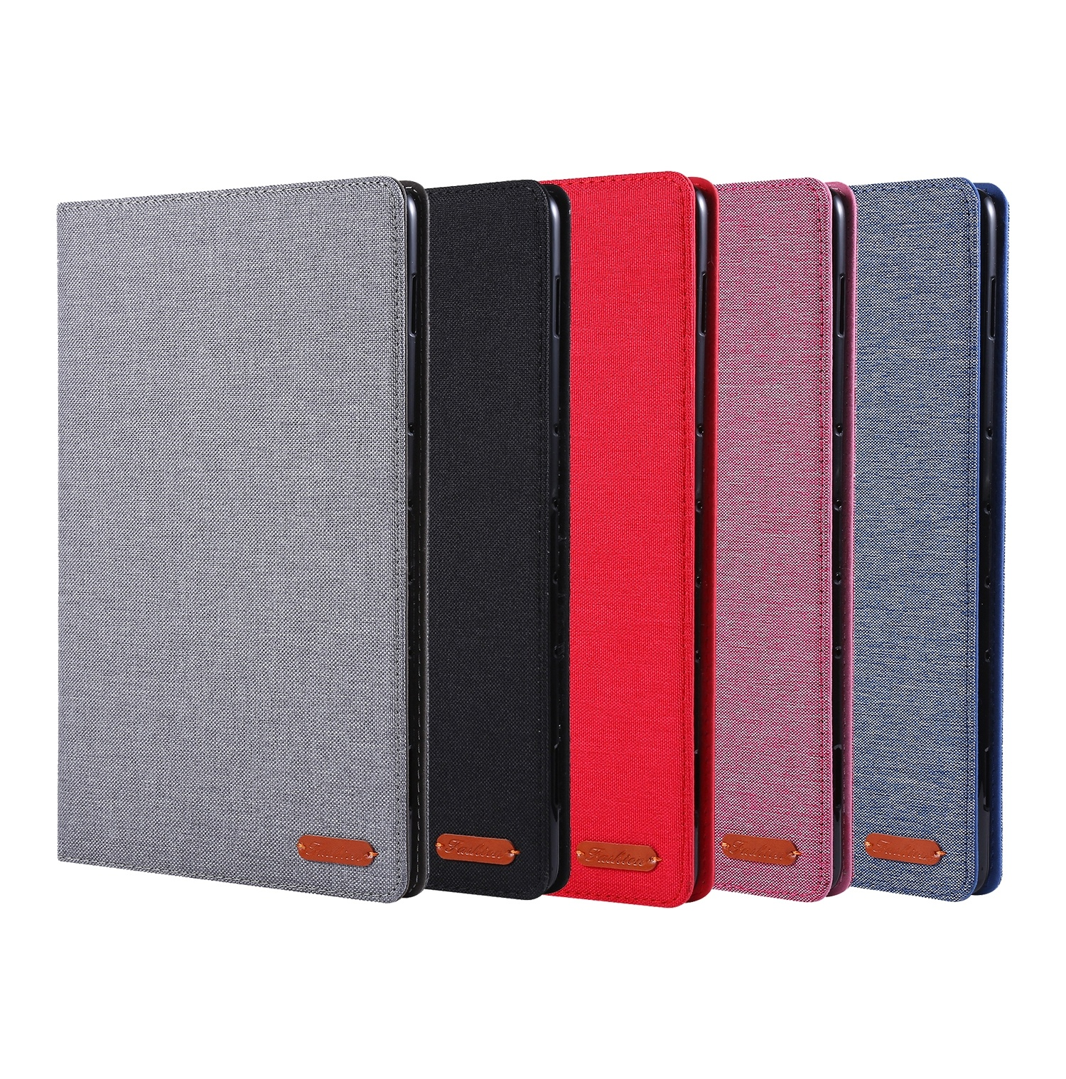 Eine Reihe von Tablet-Hüllen in verschiedenen Farben: Grau, Schwarz, Rot, Rosa und Blau.