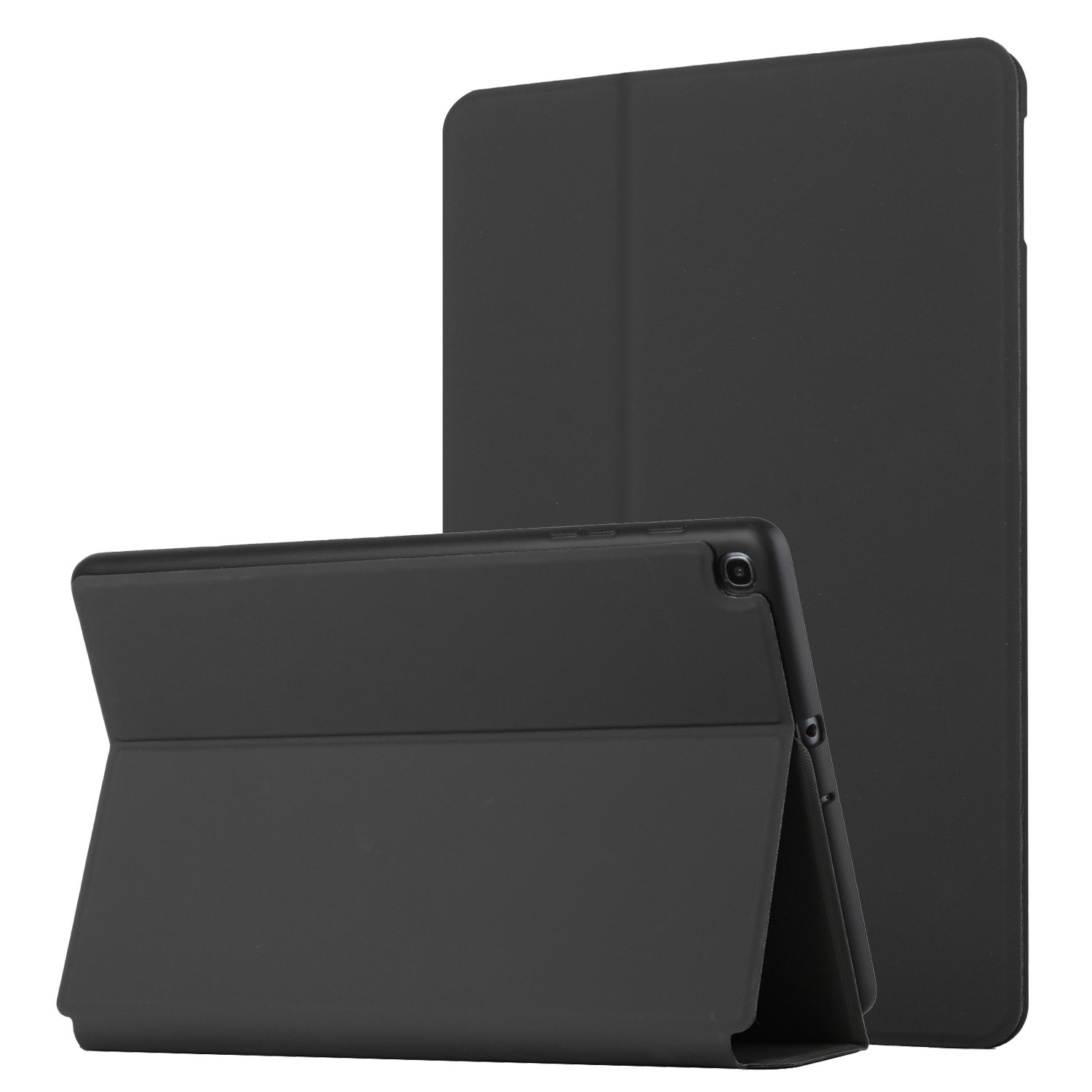 Schwarze Tablet-Hülle mit einem Tablet darin, auf weißem Hintergrund.